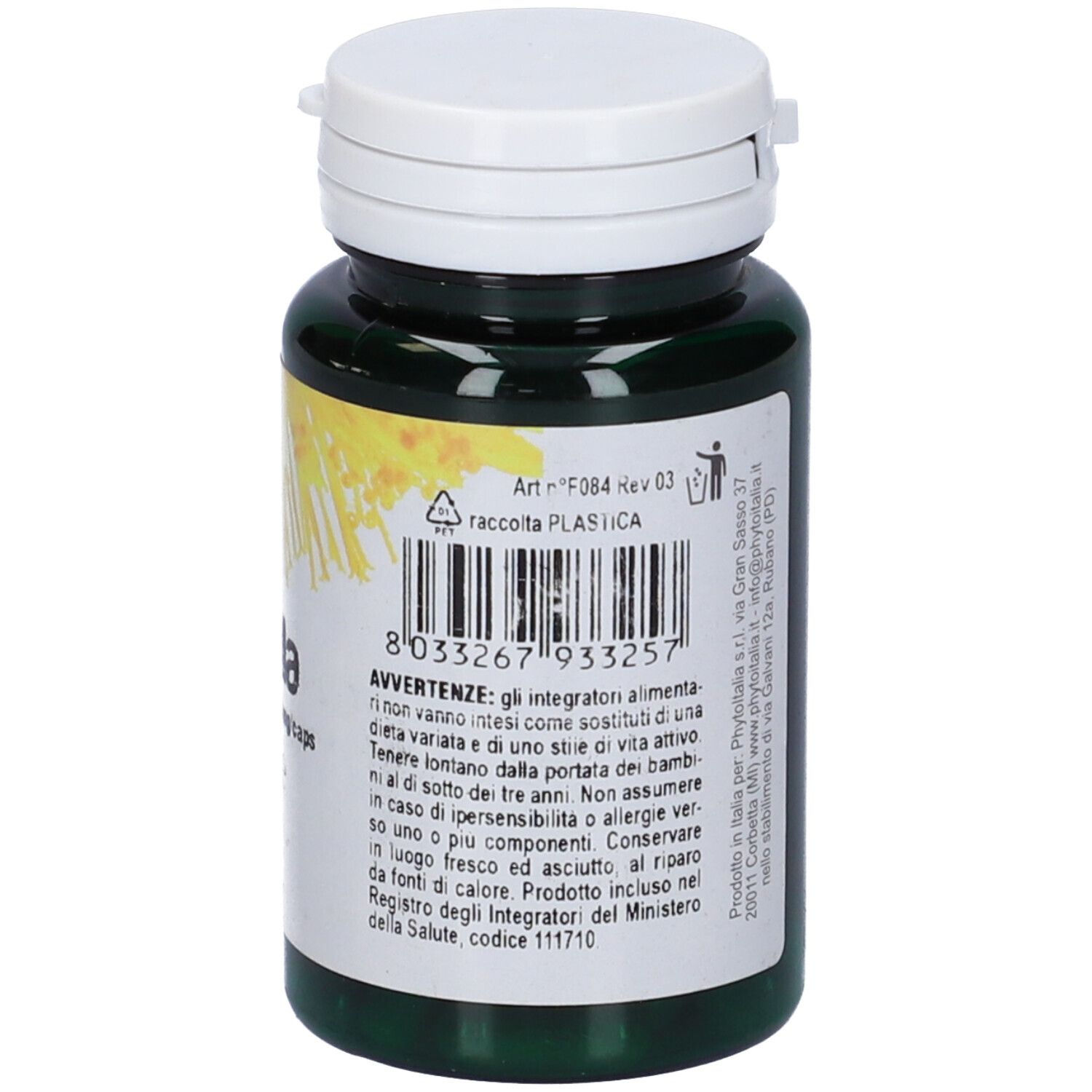 Flacone verde di capsule, coperchio bianco. Testo sul retro. Scritta: Betulla, 60 capsule. Marchio: PhytoItalia.