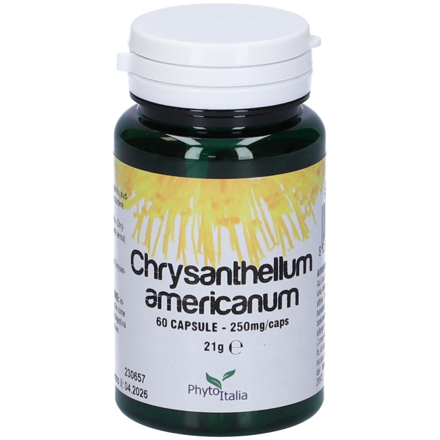 Flacone verde con coperchio bianco. Scritta: Chrysantellum americanum, 60 capsule. Marchio: Phyto Italia.