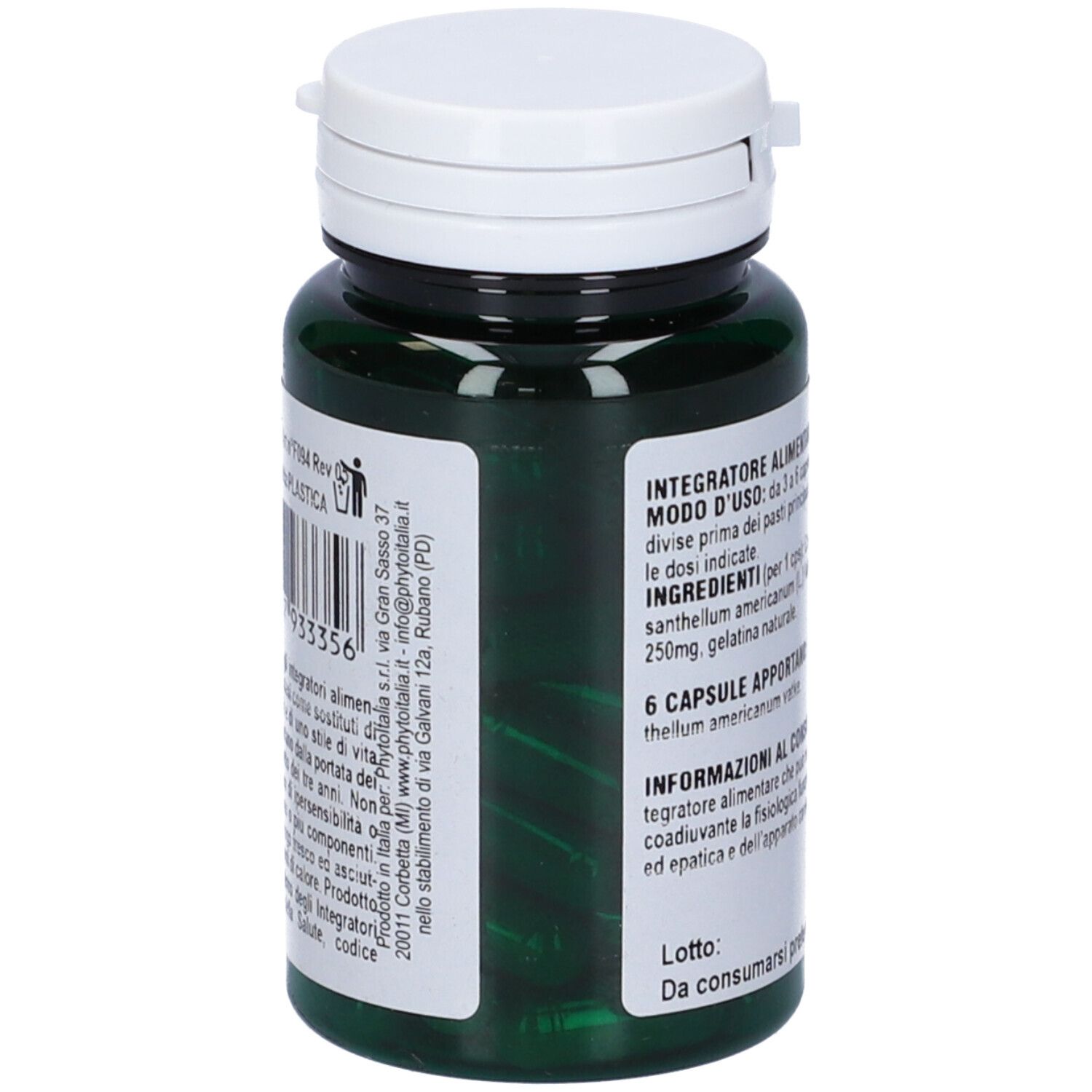 Flacone verde con coperchio bianco. Scritta: Chrysantellum americanum, 60 capsule. Marchio: Phyto Italia.
