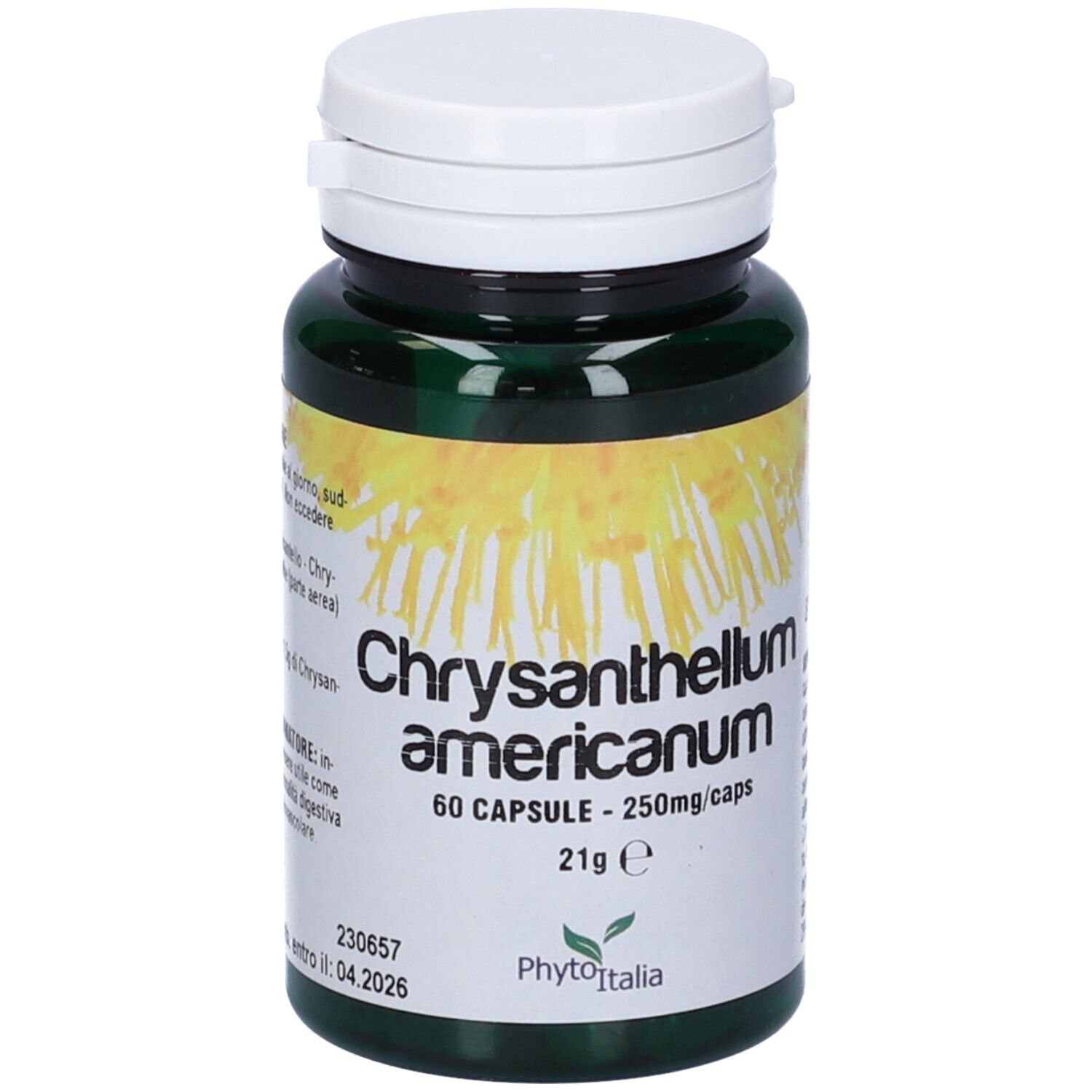 Flacone verde con coperchio bianco. Scritta: Chrysantellum americanum, 60 capsule. Marchio: Phyto Italia.
