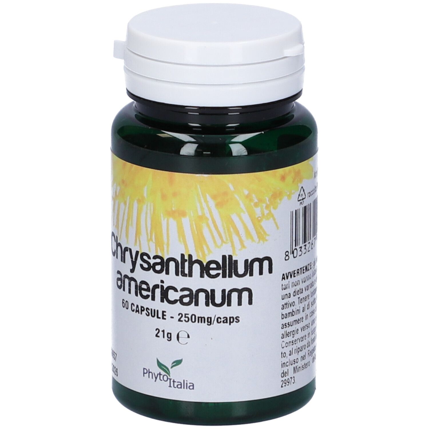 Flacone verde con coperchio bianco. Scritta: Chrysantellum americanum, 60 capsule. Marchio: Phyto Italia.