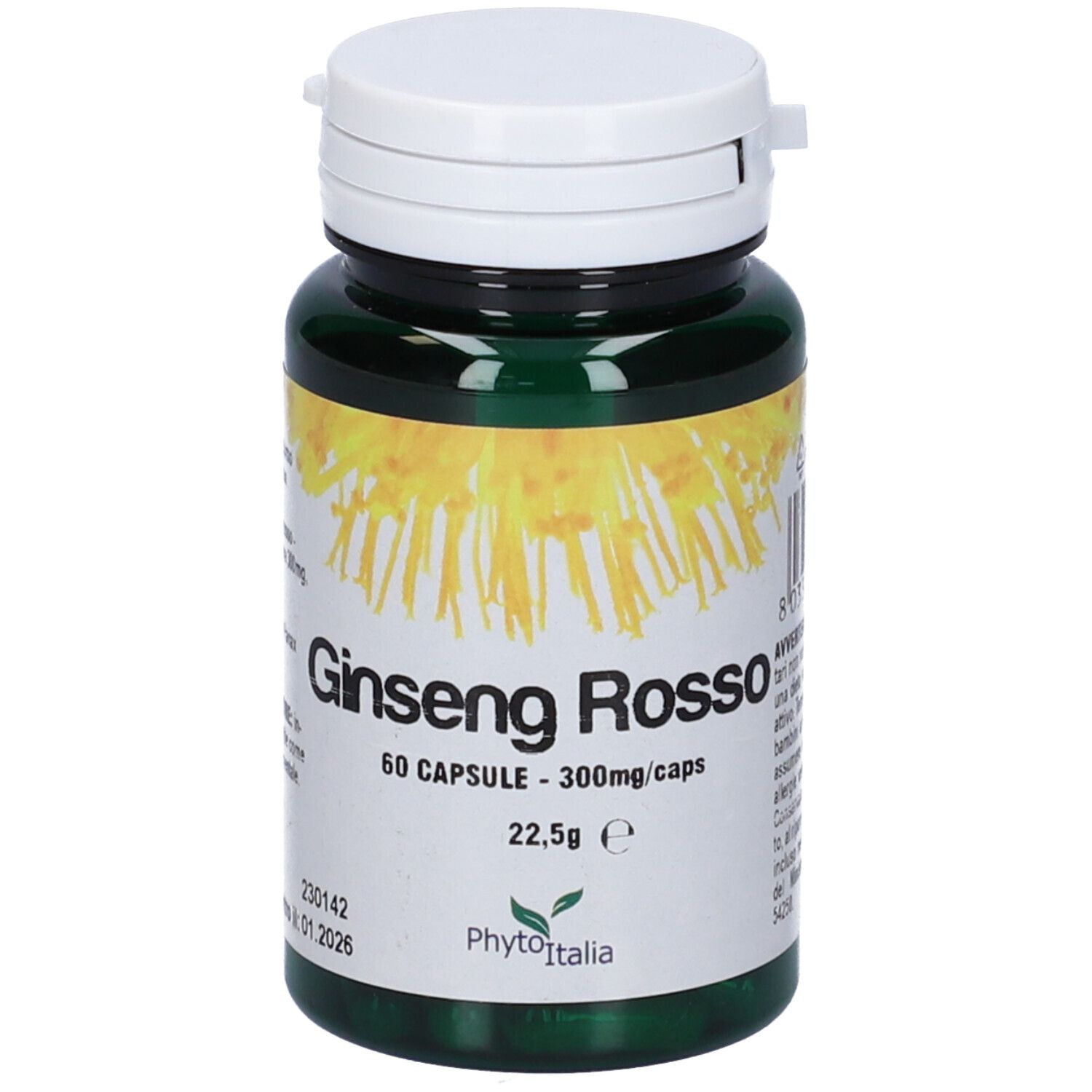Flacone verde di capsule, coperchio bianco. Scritta: Ginseng Rosso, 60 capsule, 300mg/caps.