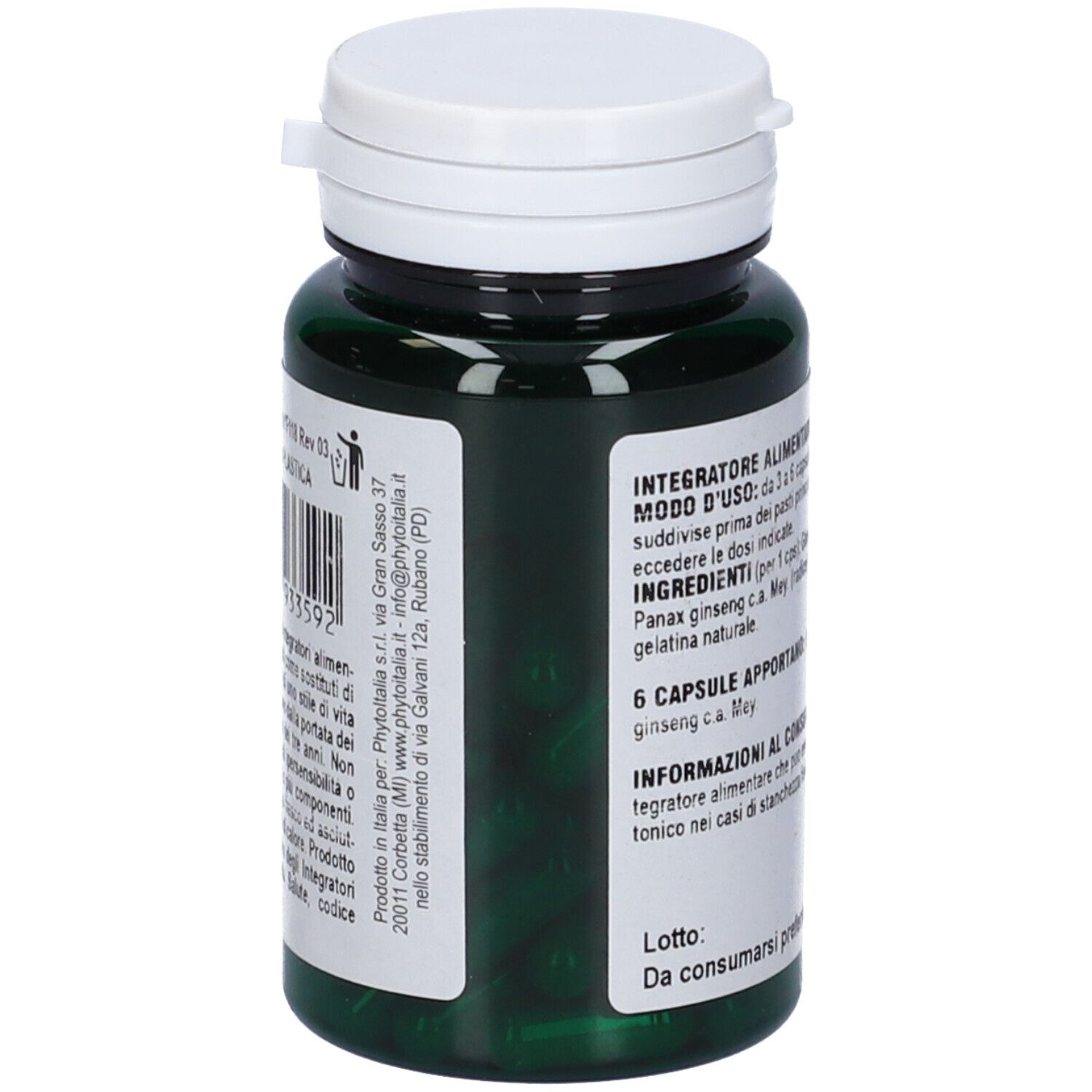 Flacone verde di capsule, coperchio bianco. Retro con informazioni sul prodotto.