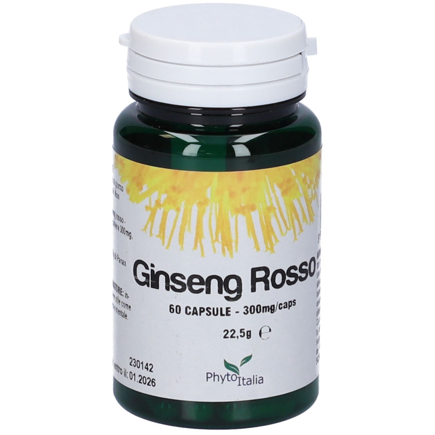 Flacone verde di capsule, coperchio bianco. Scritta: Ginseng Rosso, 60 capsule.