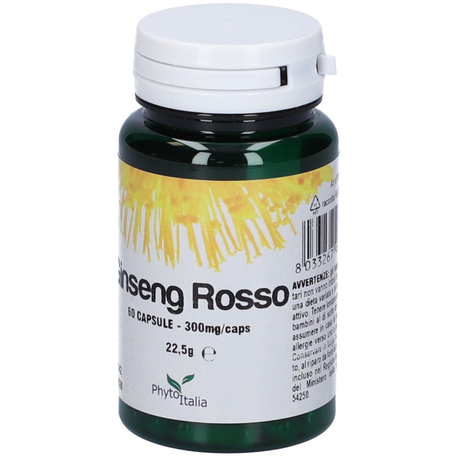 Flacone verde di capsule, coperchio bianco. Scritta: Ginseng Rosso, 60 capsule.