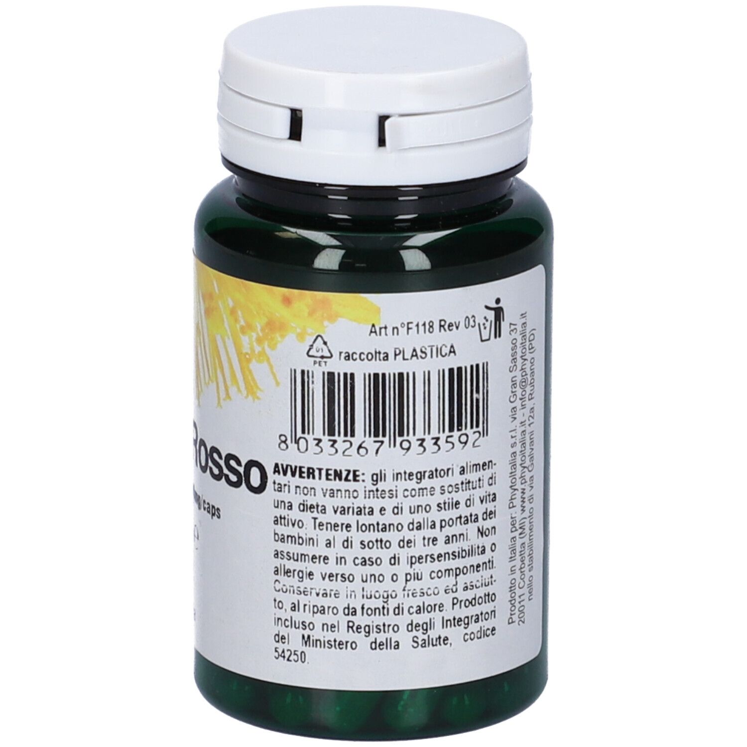 Flacone verde di capsule, coperchio bianco. Retro con informazioni sul prodotto.