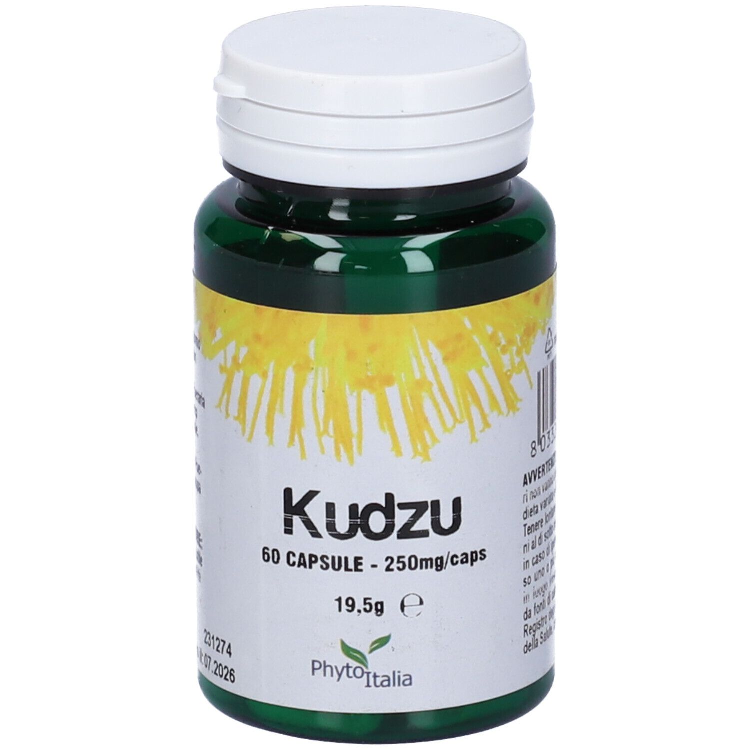 Flacone verde con tappo bianco. Scritta: Kudzu 60 capsule. Etichetta gialla con illustrazione di pianta.