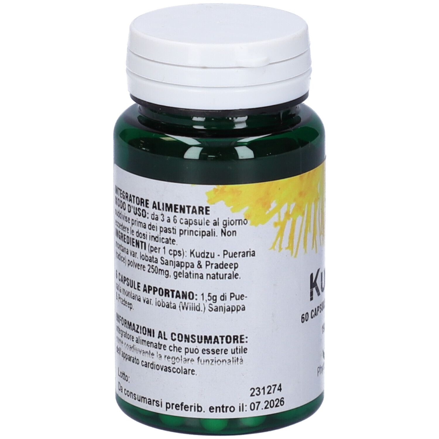Flacone verde con tappo bianco. Scritta: Kudzu 60 capsule. Etichetta gialla con testo e codice a barre.