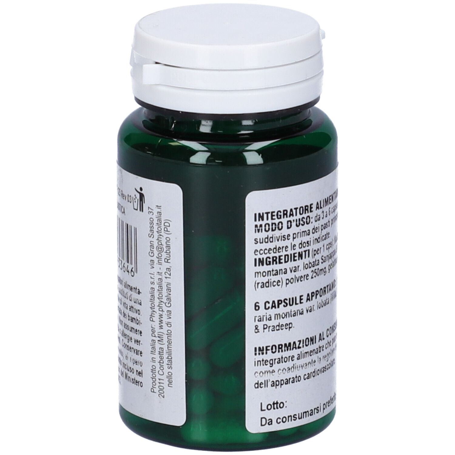 Flacone verde con tappo bianco. Scritta: Kudzu 60 capsule. Etichetta gialla con testo e codice a barre.