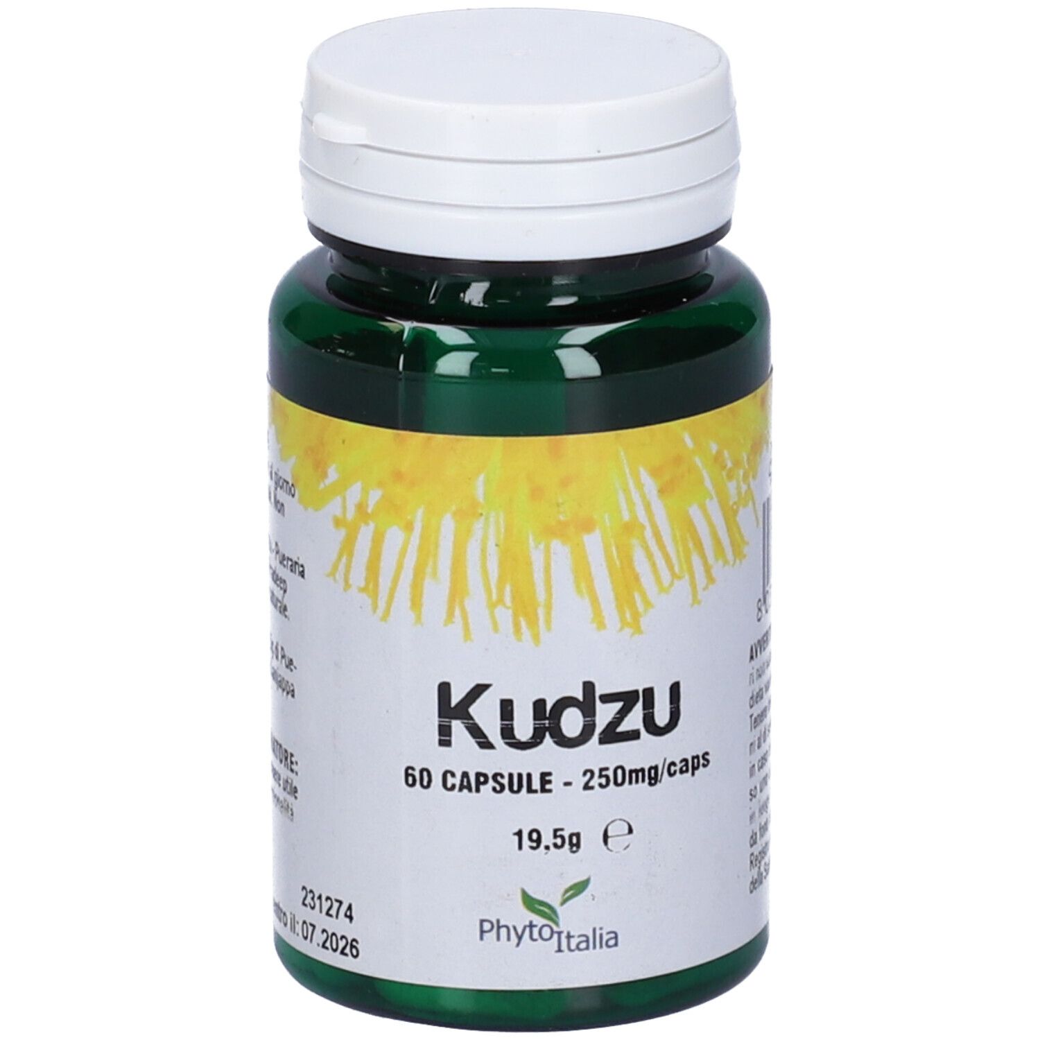 Flacone verde con tappo bianco. Scritta: Kudzu 60 capsule. Etichetta gialla con testo e codice a barre.