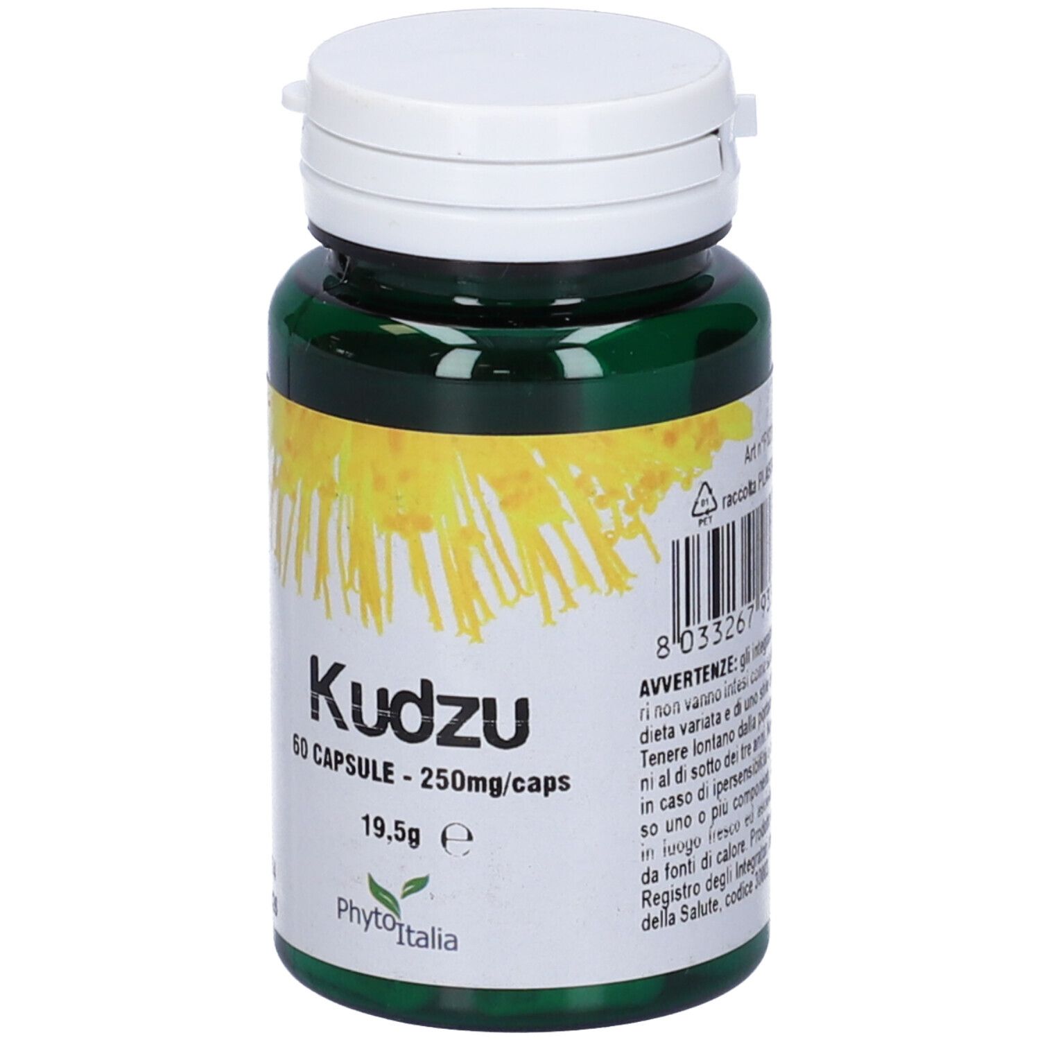 Flacone verde con tappo bianco. Scritta: Kudzu 60 capsule. Etichetta gialla con testo e codice a barre.