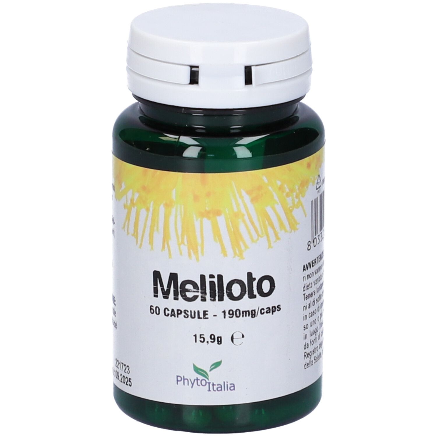 Flacone verde di capsule, tappo bianco. Scritta Meliloto, 60 capsule, 190mg/caps. Marchio Phytoitalia.
