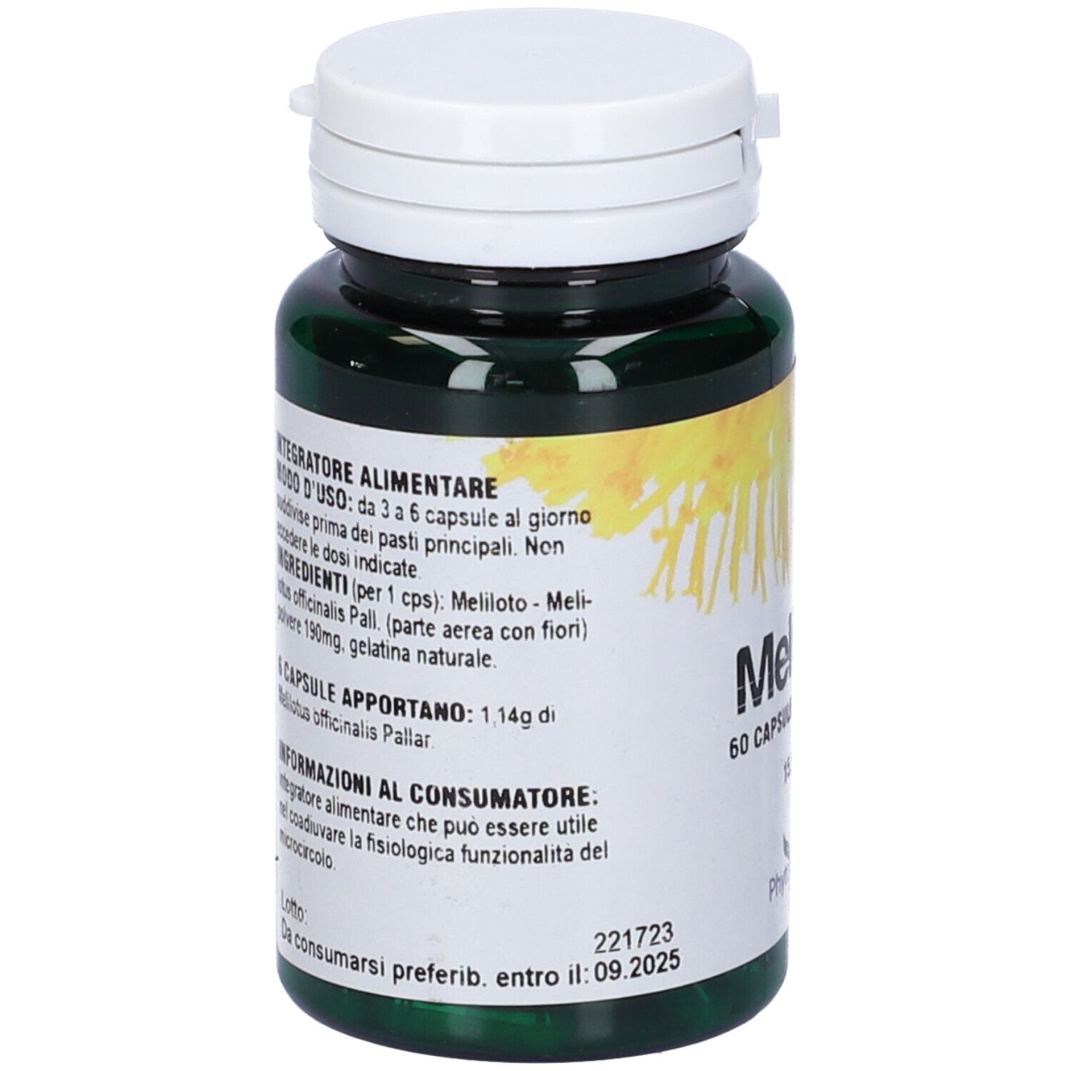 Retro del flacone verde di capsule. Testo con ingredienti e istruzioni per l'uso. Marchio Phytoitalia.
