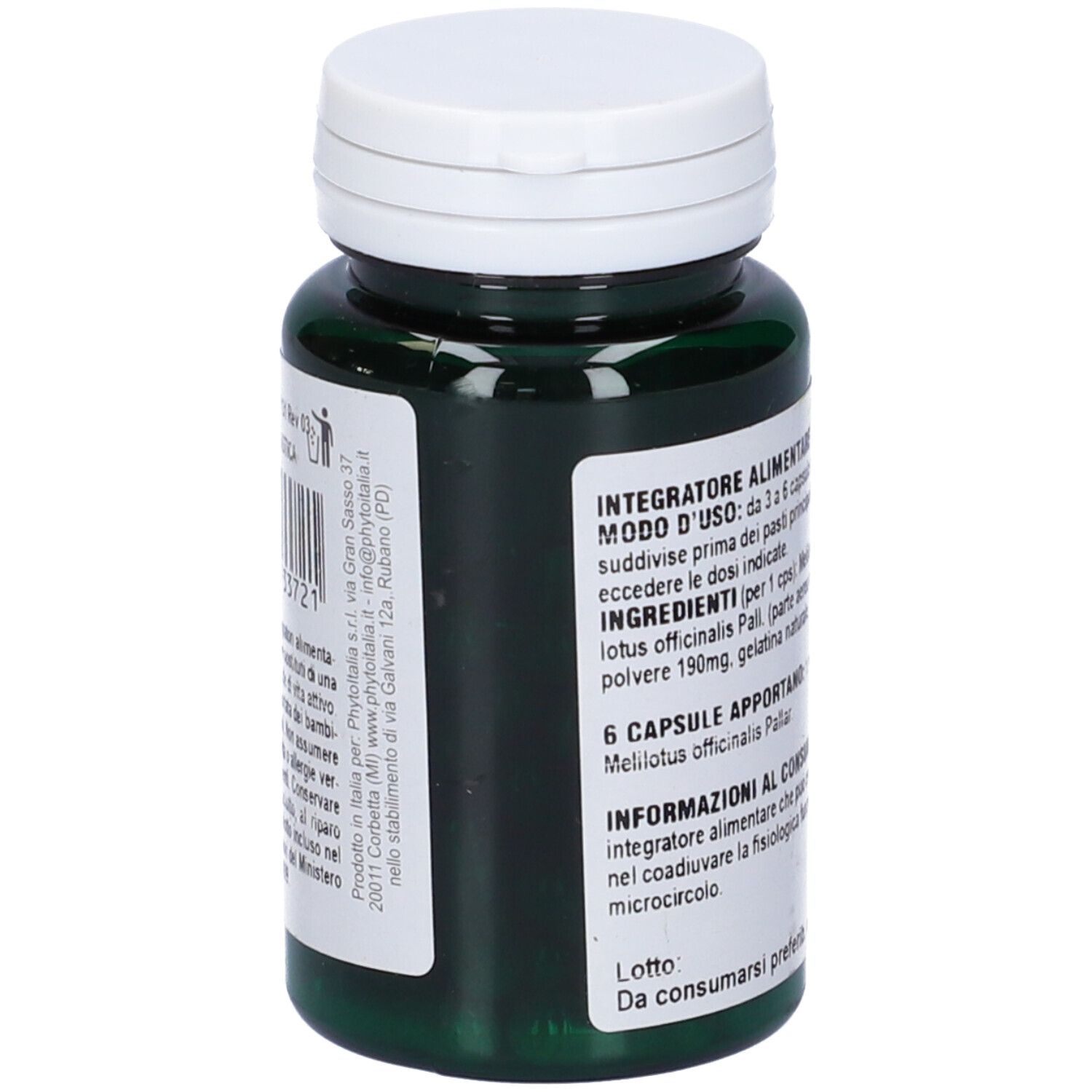 Retro del flacone verde di capsule. Testo con ingredienti e istruzioni per l'uso. Marchio Phytoitalia.