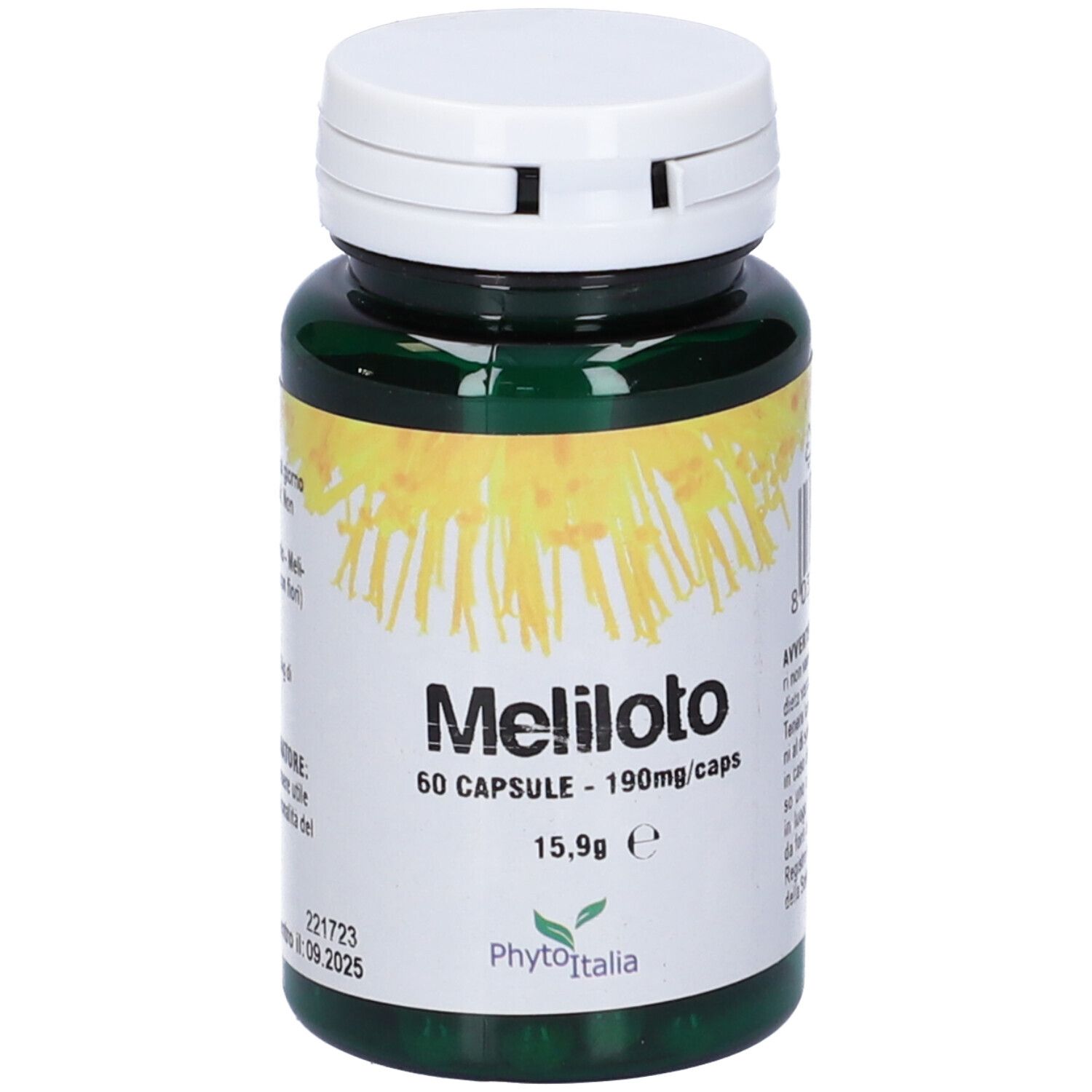 Flacone verde di capsule, tappo bianco. Scritta Meliloto, 60 capsule, 190mg/caps. Marchio Phytoitalia.