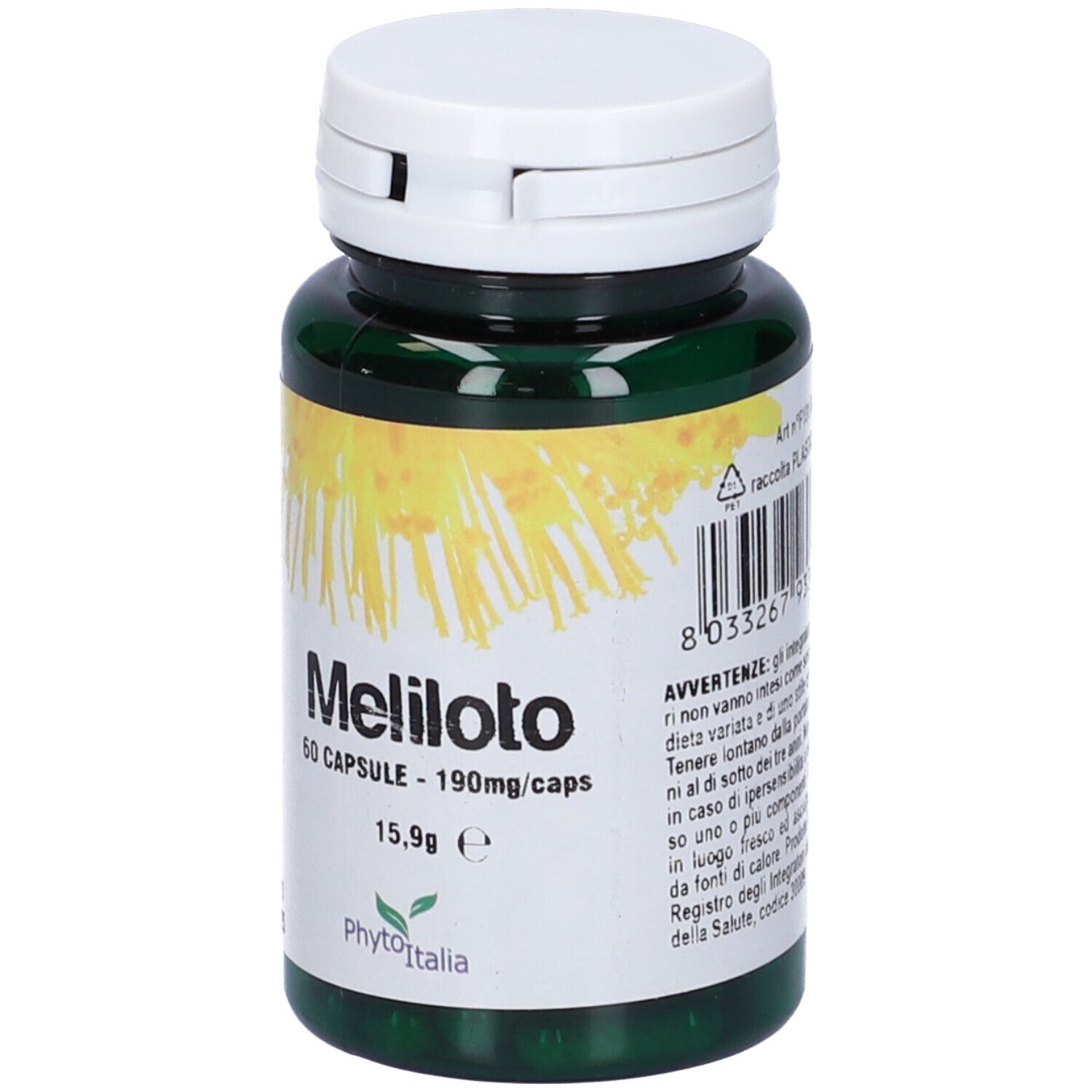 Flacone verde di capsule, tappo bianco. Scritta Meliloto, 60 capsule, 190mg/caps. Marchio Phytoitalia.