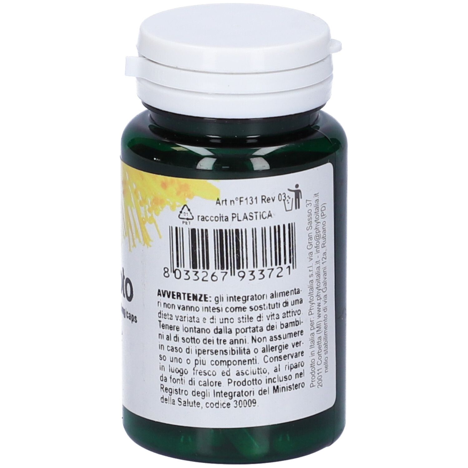 Retro del flacone verde di capsule. Testo con avvertenze e informazioni del produttore. Marchio Phytoitalia.