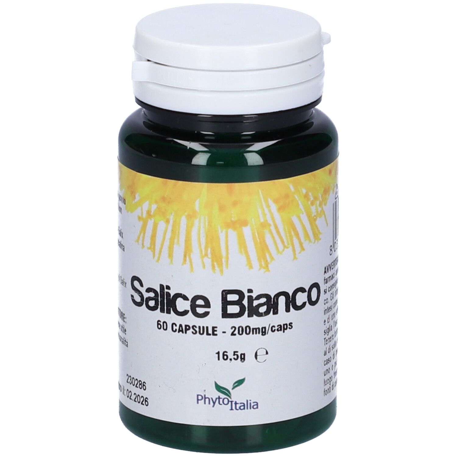 Flacone verde con capsule bianche. Scritta: Salice Bianco, 60 capsule. Marchio: PhytoItalia.