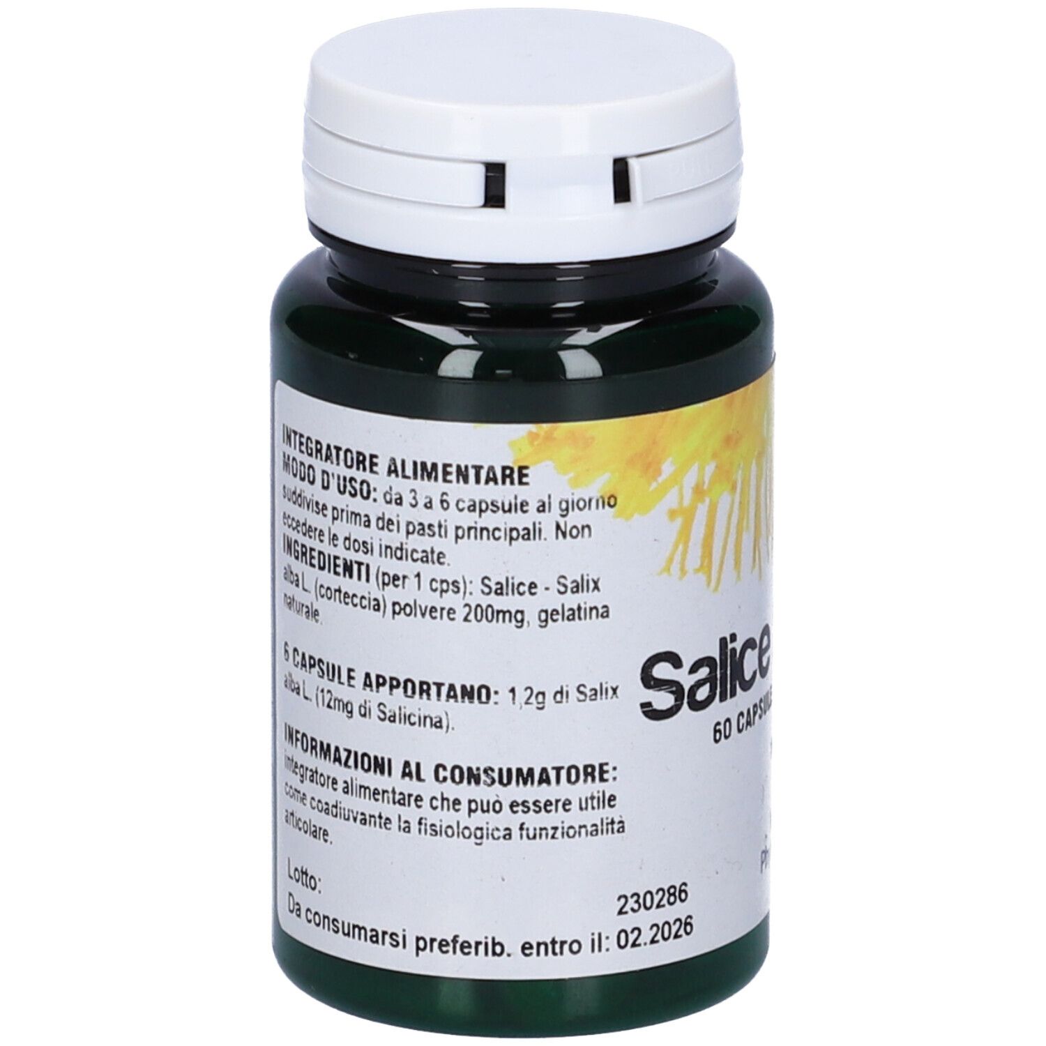 Retro del flacone verde con capsule bianche. Testo: ingredienti, modo d'uso. Scritta: Salice Bianco, 60 capsule.