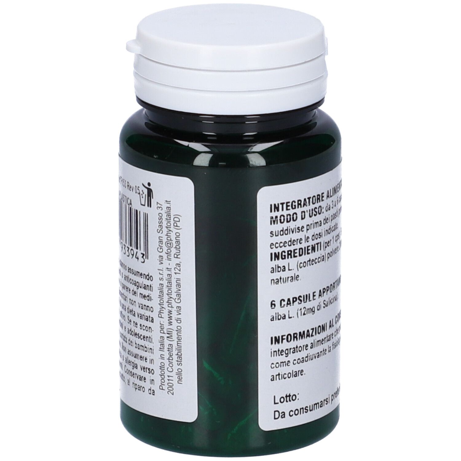 Flacone verde con capsule bianche. Testo: ingredienti, modo d'uso. Scritta: Salice Bianco, 60 capsule.