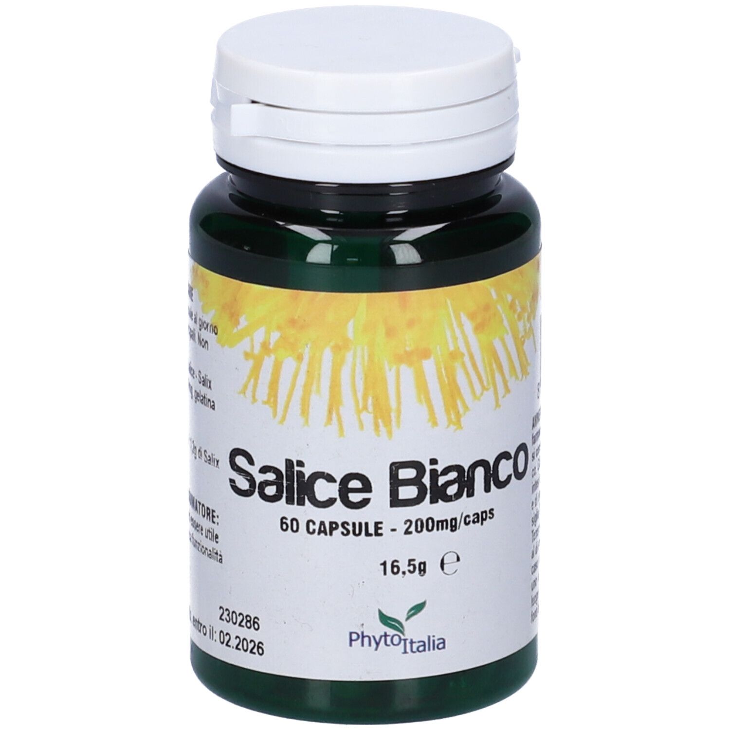 Flacone verde con capsule bianche. Scritta: Salice Bianco, 60 capsule. Marchio: PhytoItalia.
