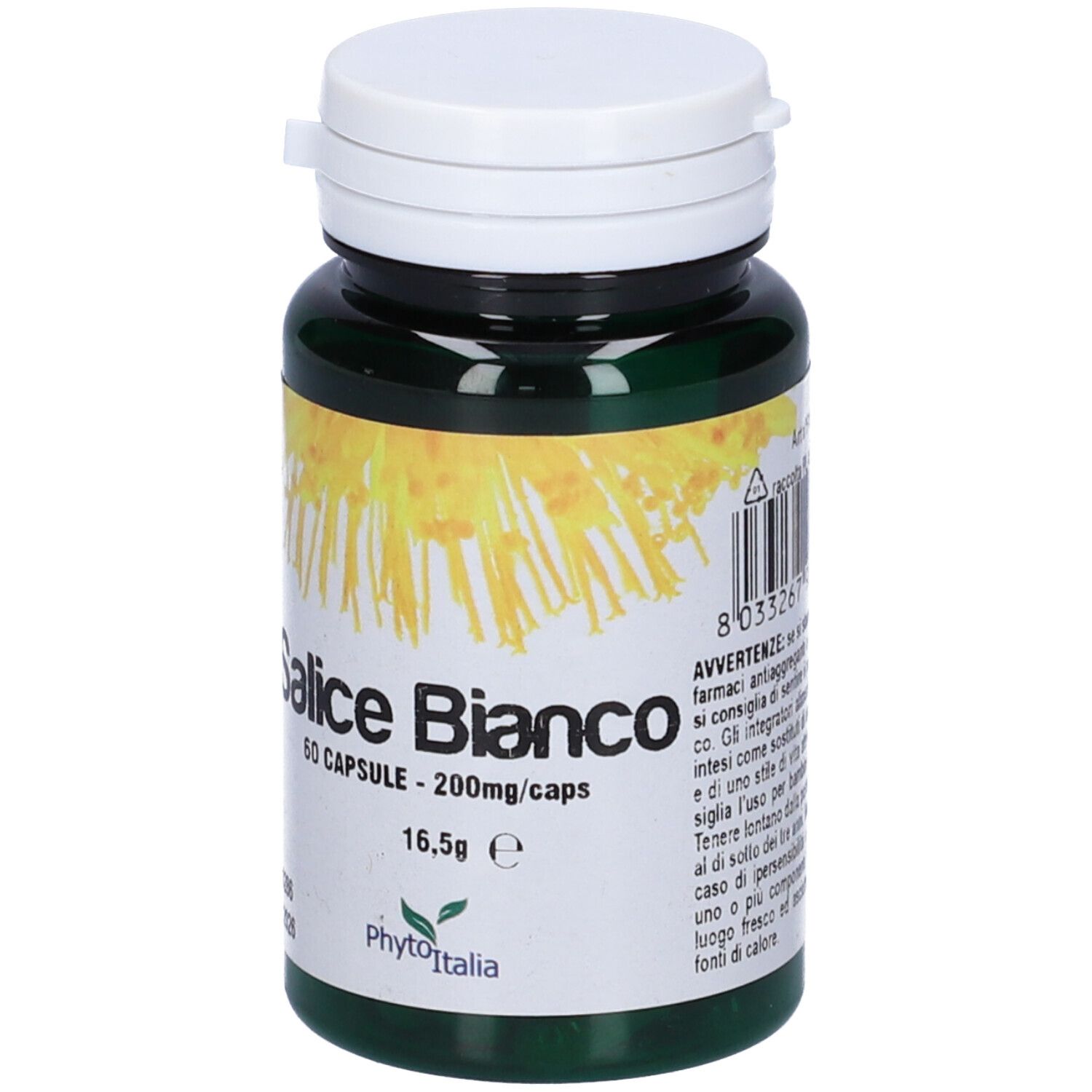 Flacone verde con capsule bianche. Scritta: Salice Bianco, 60 capsule. Marchio: PhytoItalia.