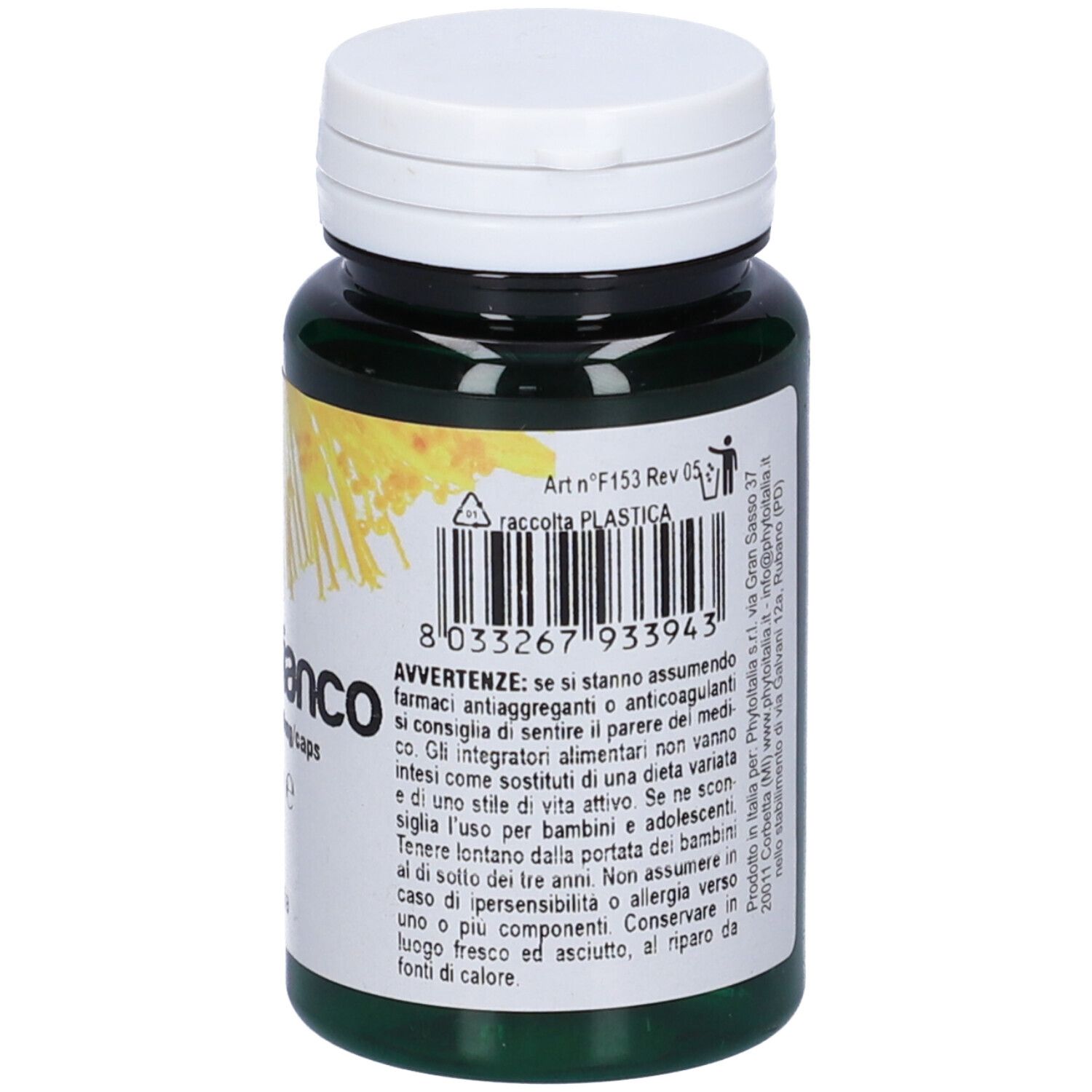 Retro del flacone verde con capsule bianche. Testo: avvertenze, ingredienti. Scritta: Salice Bianco, 60 capsule.