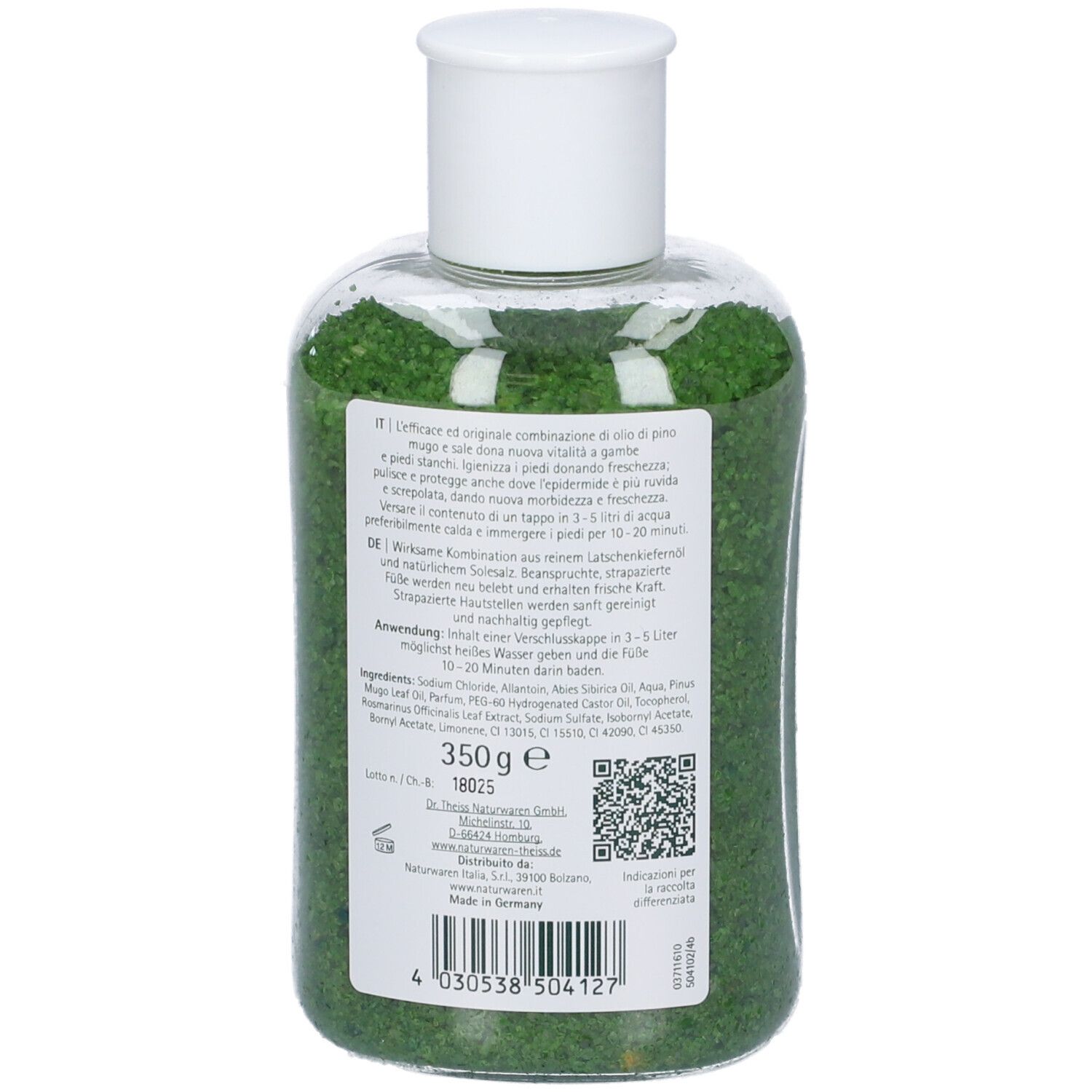Rückseite einer Flasche mit grünen Kristallen. Etikett mit Text, Inhaltsstoffen und Informationen.