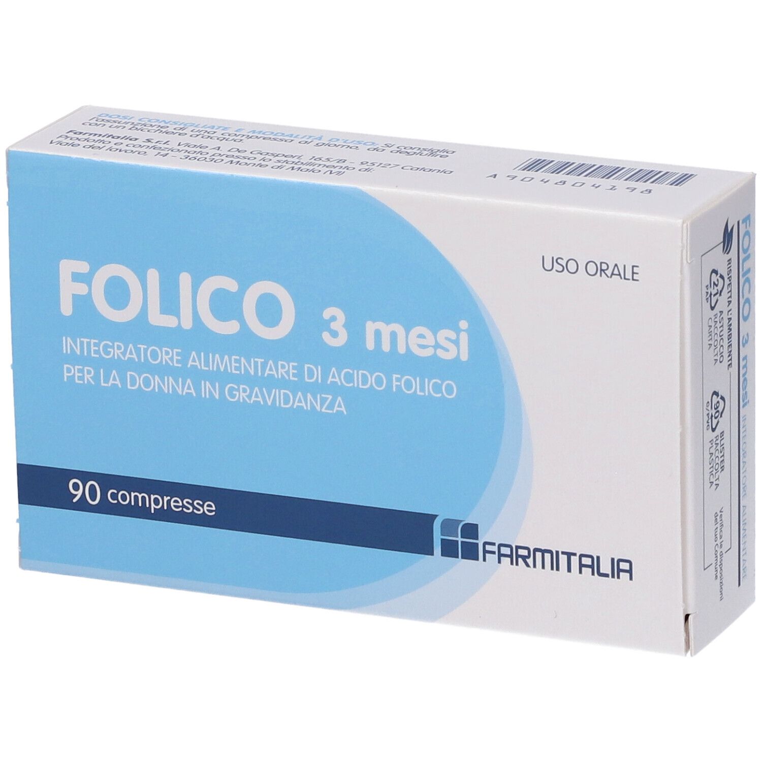 Scatola 'Folico 3 mesi'. Confezione blu e bianca. 90 compresse. Logo 'Farmitalia'. 'Uso Orale'.