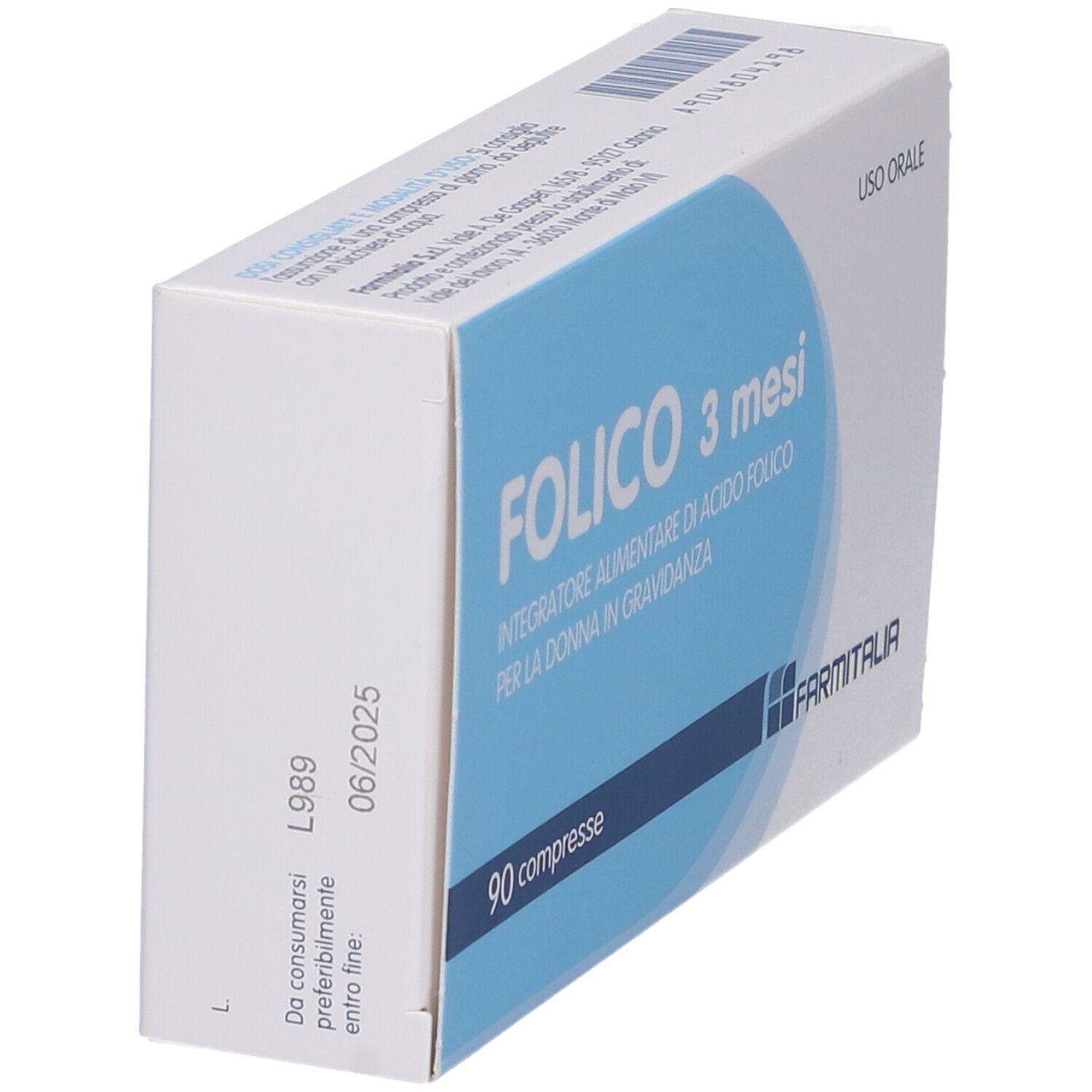 Scatola 'Folico 3 mesi'. Confezione blu e bianca. 90 compresse. Logo 'Farmitalia'. 'Uso Orale'.