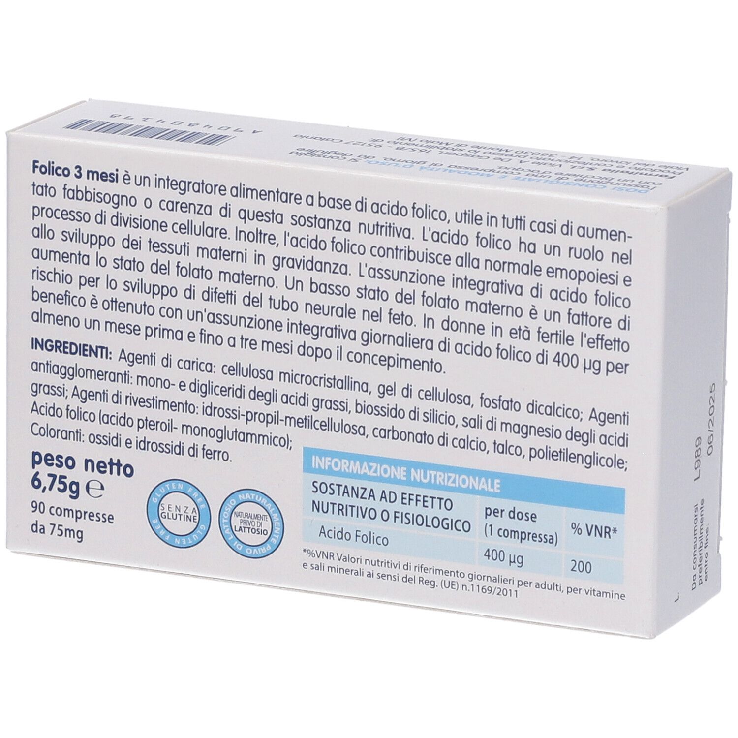 Retro della scatola 'Folico 3 mesi'. Testo, ingredienti, informazioni nutrizionali. 90 compresse. Logo 'Farmitalia'.