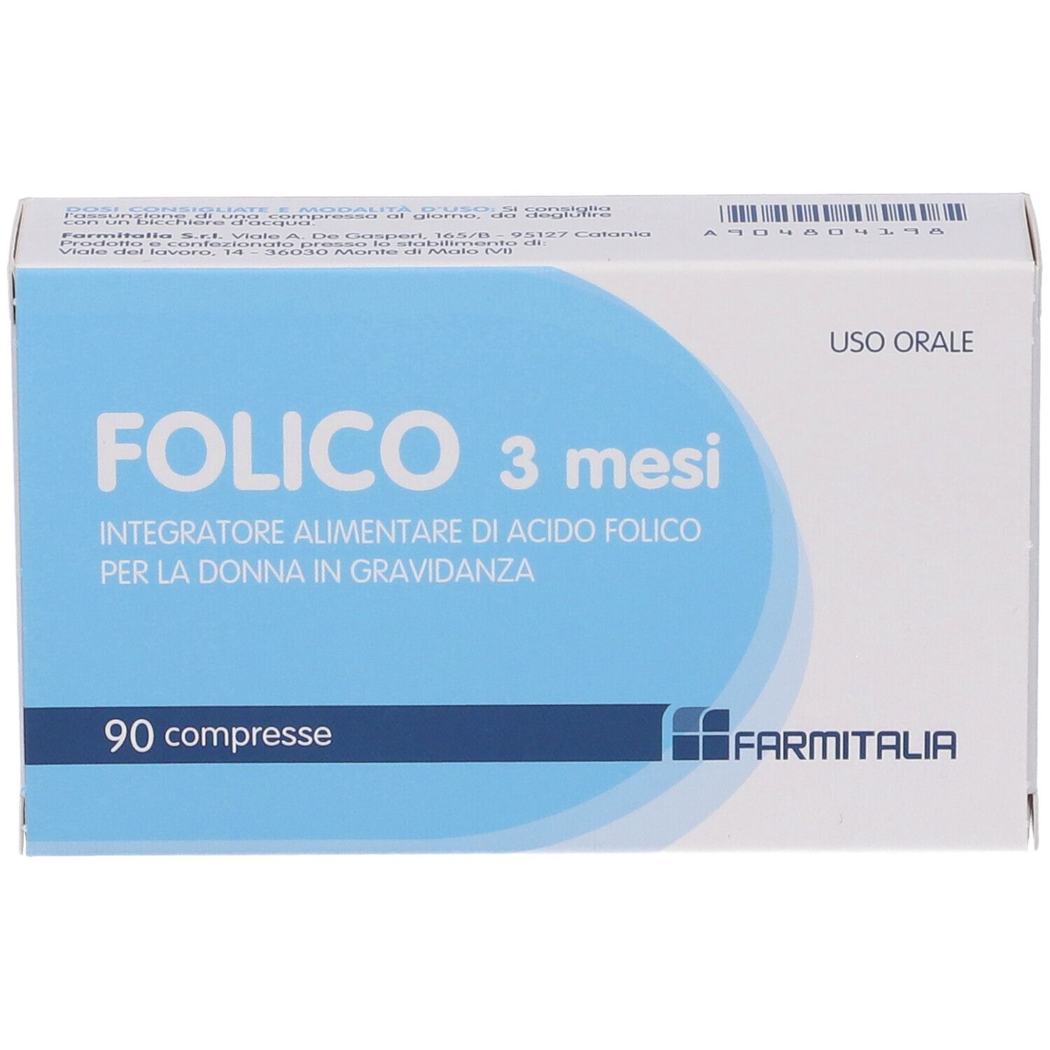 Scatola 'Folico 3 mesi'. Confezione blu e bianca. 90 compresse. Logo 'Farmitalia'. 'Uso Orale'.