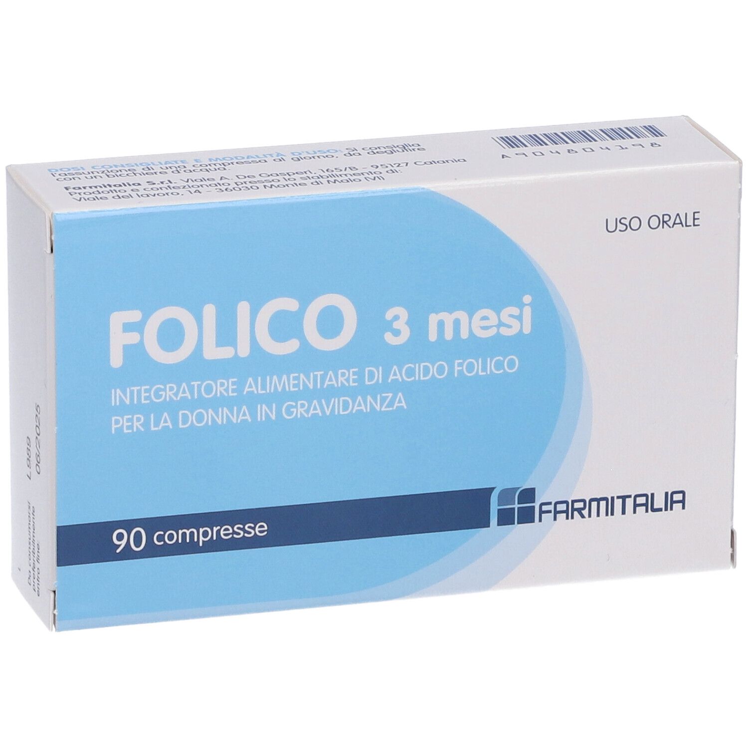 Scatola 'Folico 3 mesi'. Confezione blu e bianca. 90 compresse. Logo 'Farmitalia'. 'Uso Orale'.