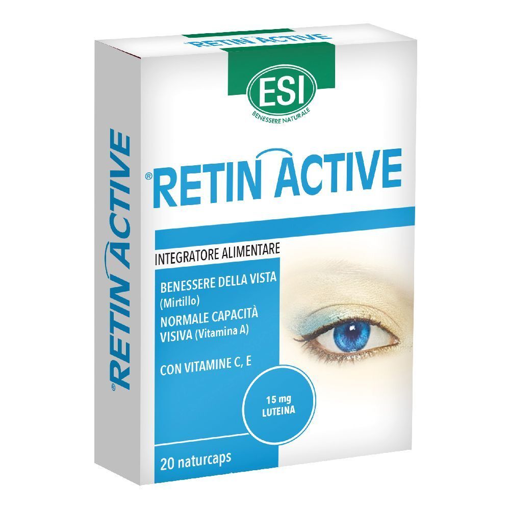 Confezione ESI Retin Active Naturcaps. Contiene 20 capsule. Scritte: Retin Active, logo ESI, ingredienti, rappresentazione occhio.