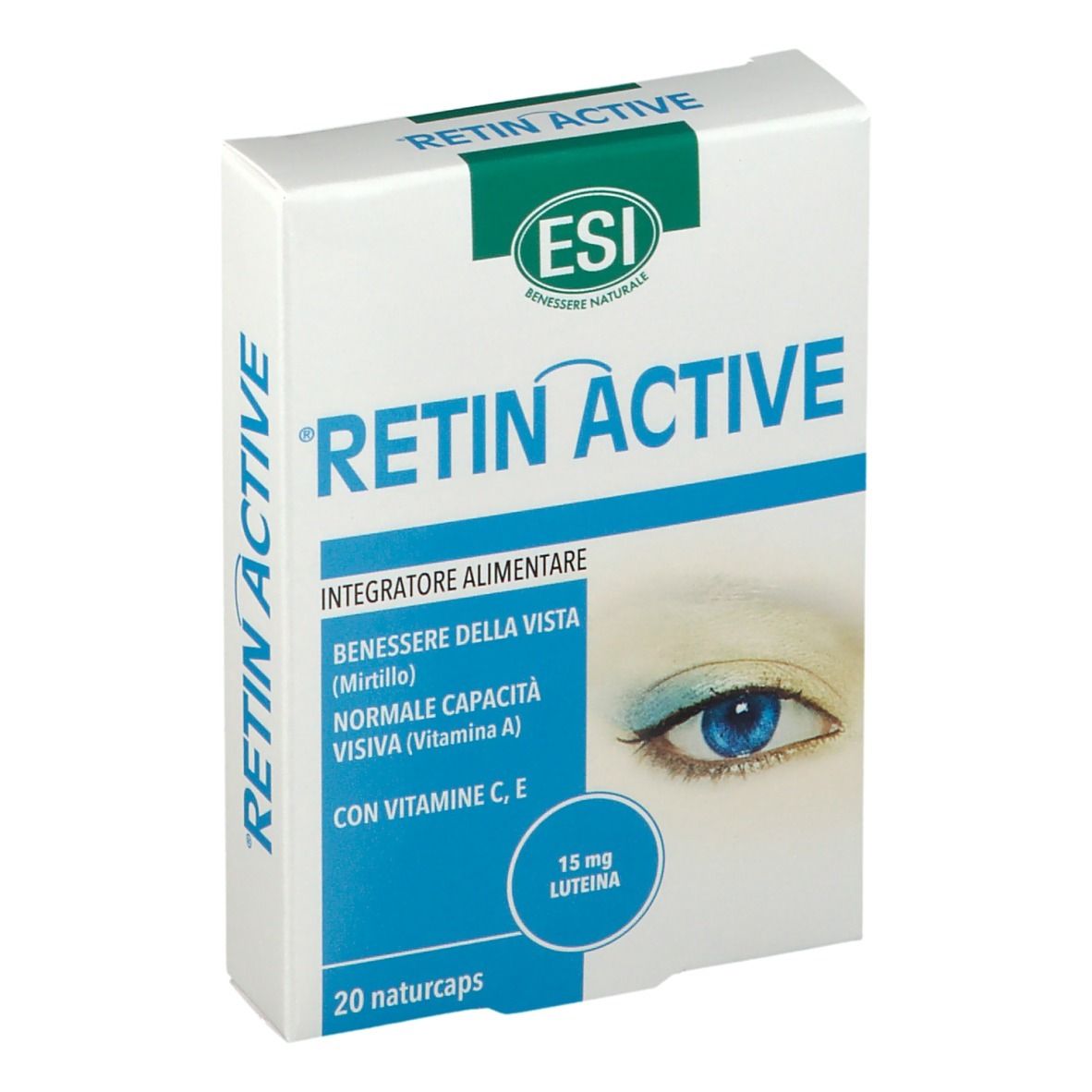 Confezione ESI Retin Active Naturcaps. Contiene 20 capsule. Scritte: Retin Active, logo ESI, ingredienti, rappresentazione occhio.