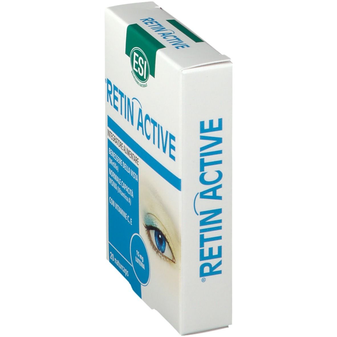 Confezione ESI Retin Active Naturcaps. Contiene 20 capsule. Scritte: Retin Active, logo ESI, ingredienti, rappresentazione occhio.