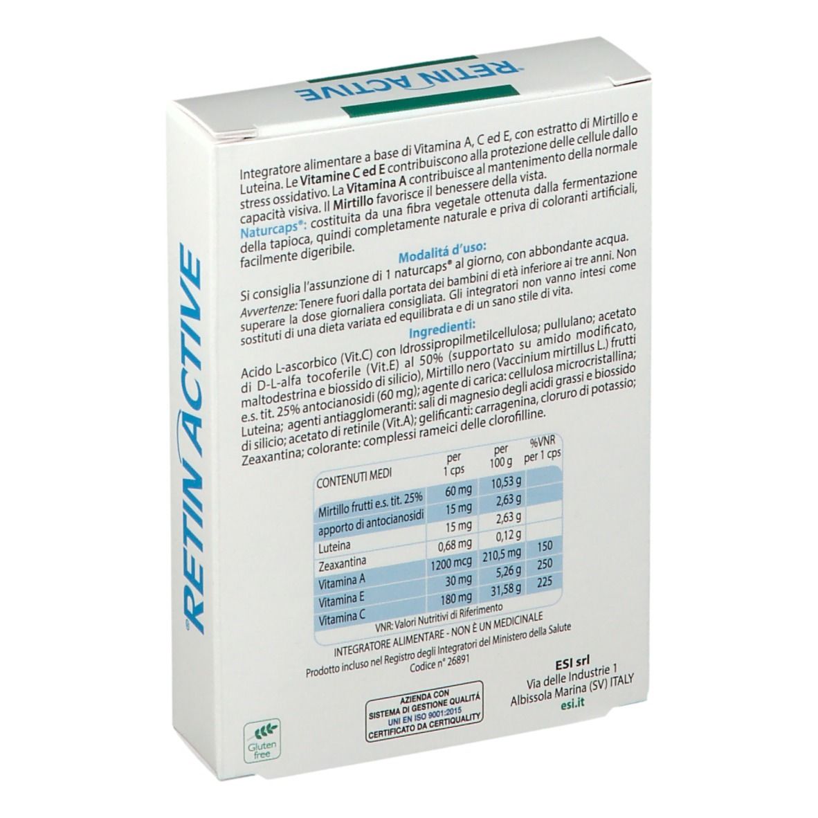 Retro confezione ESI Retin Active Naturcaps. Testo: ingredienti, informazioni nutrizionali, istruzioni per l'uso, certificazioni.