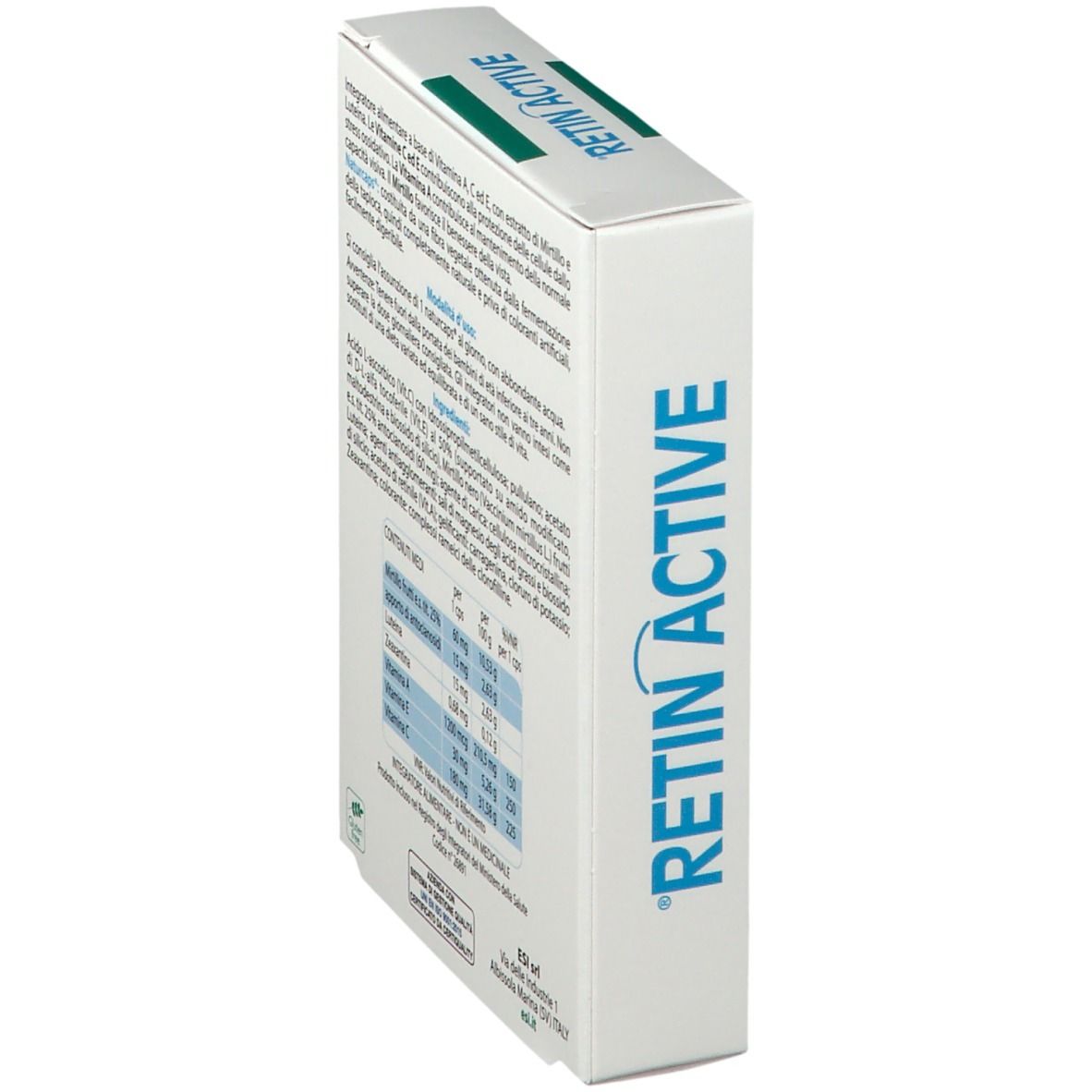 Retro confezione ESI Retin Active Naturcaps. Testo: ingredienti, informazioni nutrizionali, istruzioni per l'uso, certificazioni.