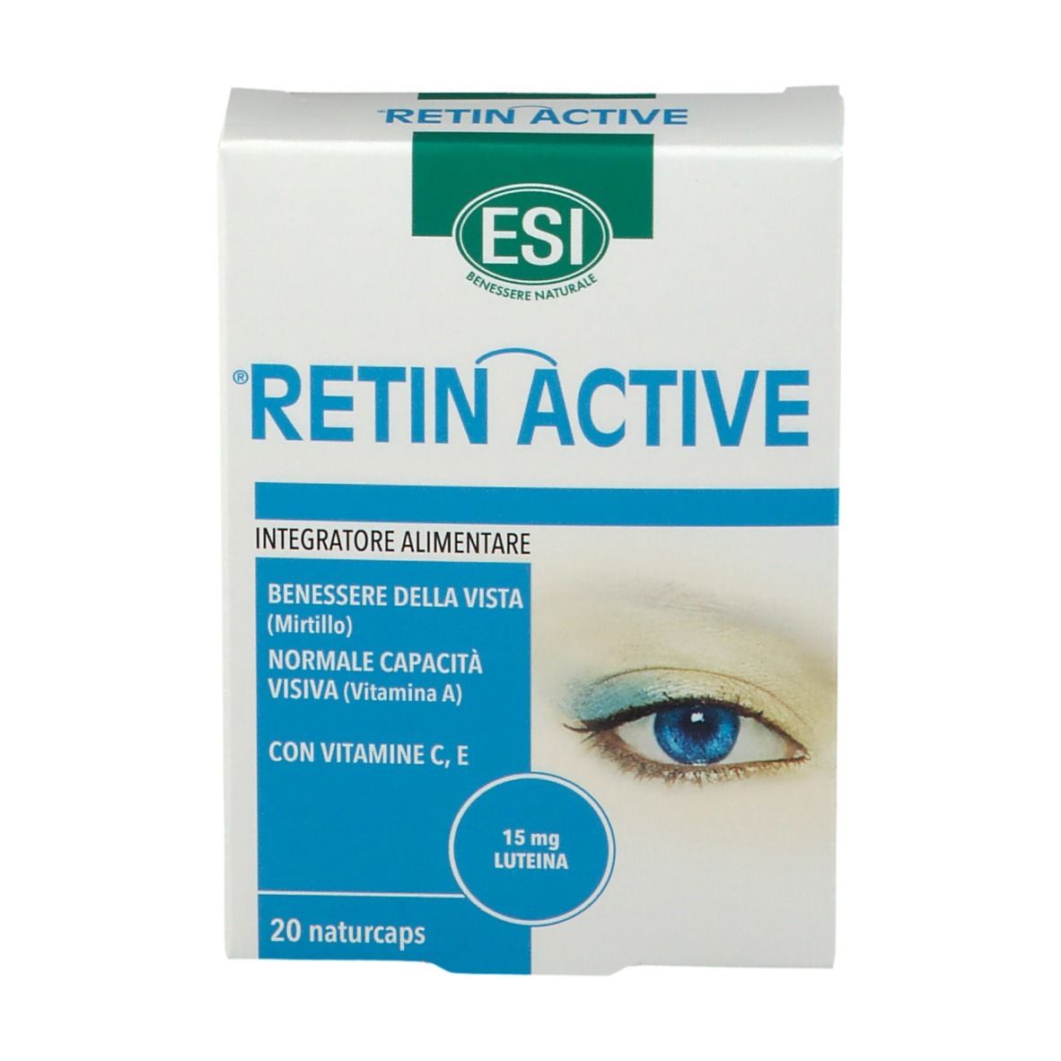 Confezione ESI Retin Active Naturcaps. Contiene 20 capsule. Scritte: Retin Active, logo ESI, ingredienti, rappresentazione occhio.