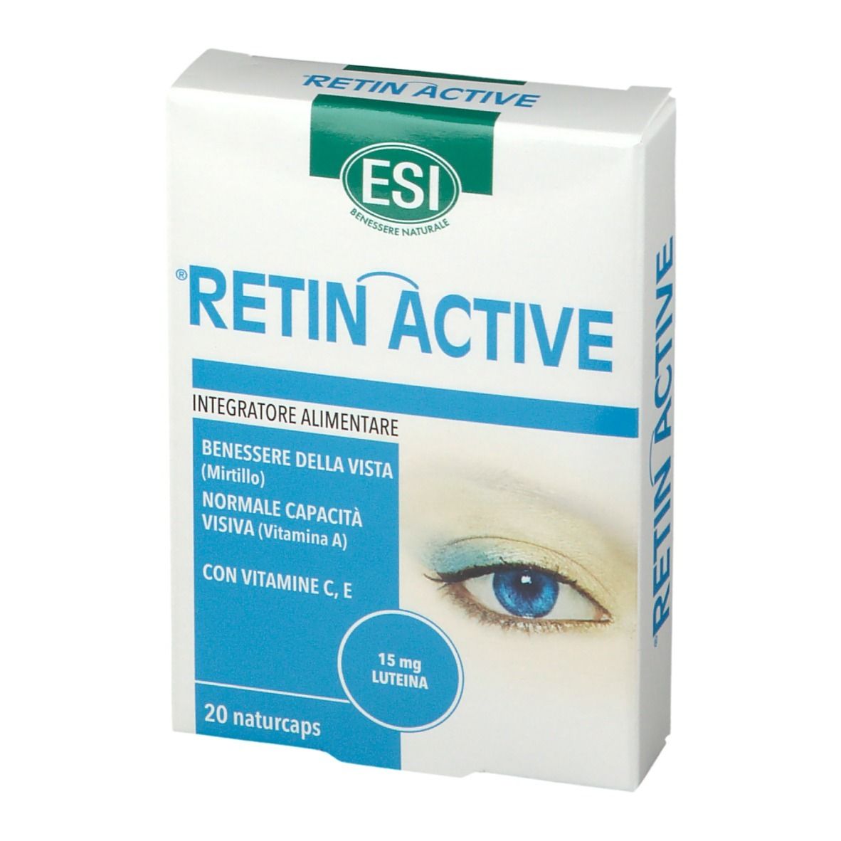 Confezione ESI Retin Active Naturcaps. Contiene 20 capsule. Scritte: Retin Active, logo ESI, ingredienti, rappresentazione occhio.