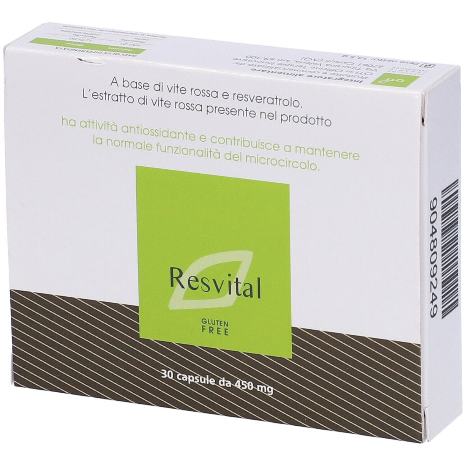 Scatola di capsule "Resvital". Design verde e bianco. Logo "Senza glutine". 30 capsule.