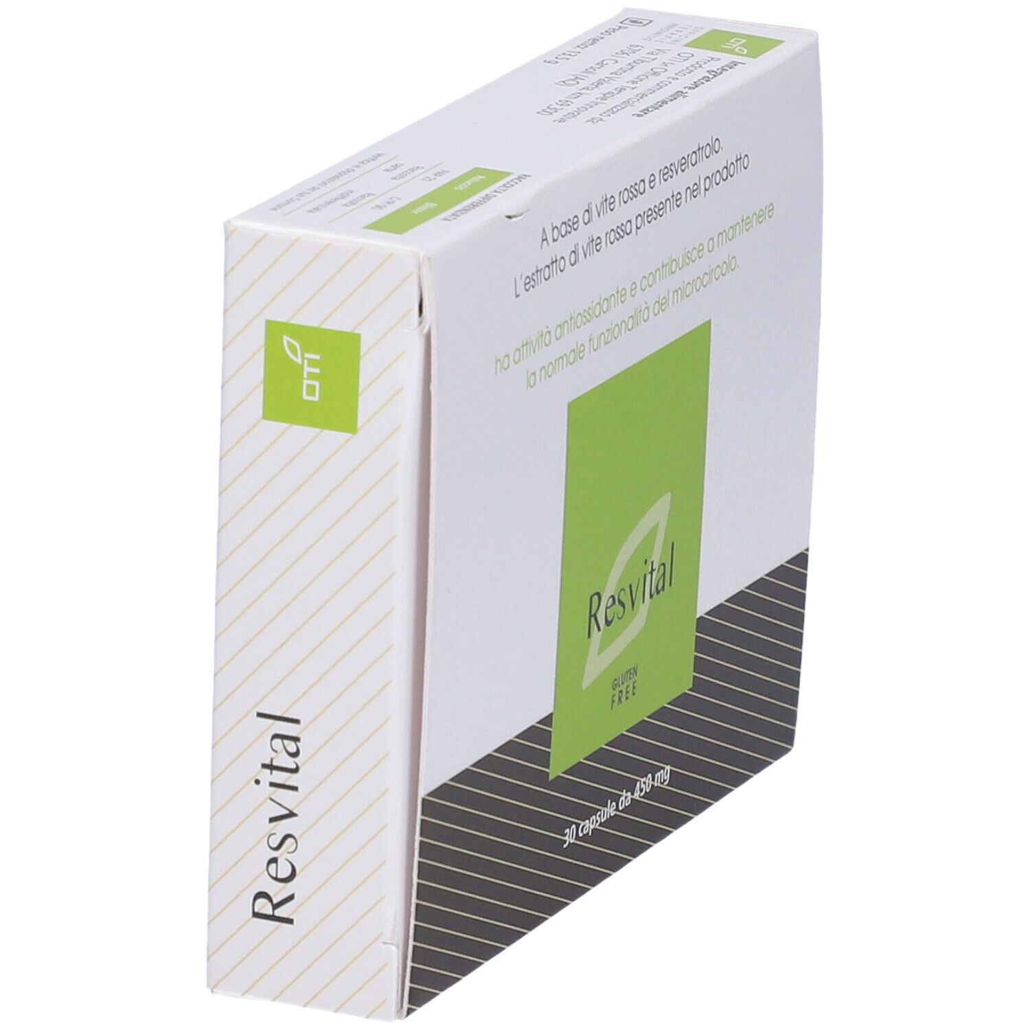 Scatola "Resvital" in prospettiva. Design verde e bianco. Logo "Senza glutine". 30 capsule.