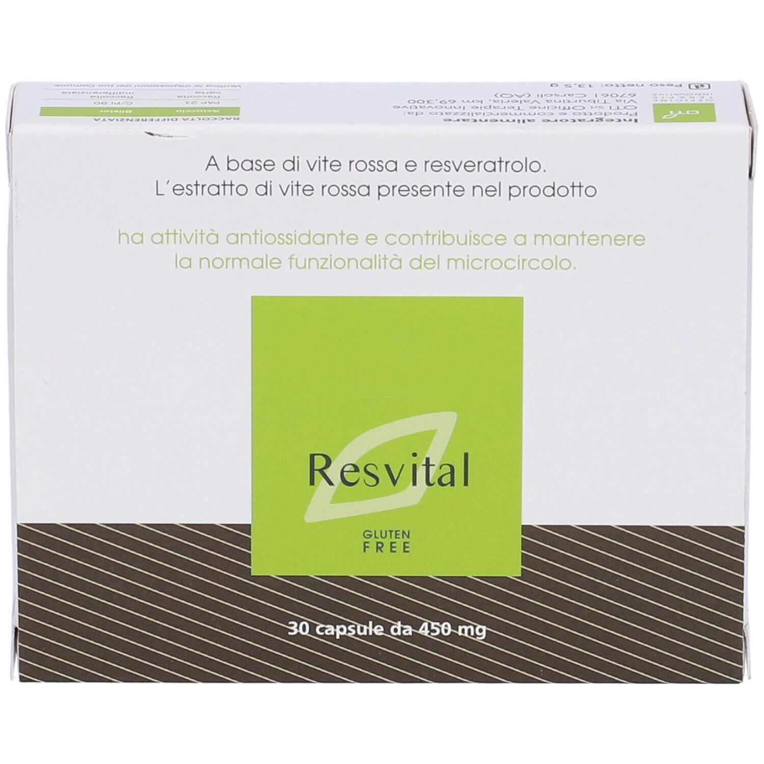 Scatola "Resvital". Design verde e bianco. Logo "Senza glutine". 30 capsule.