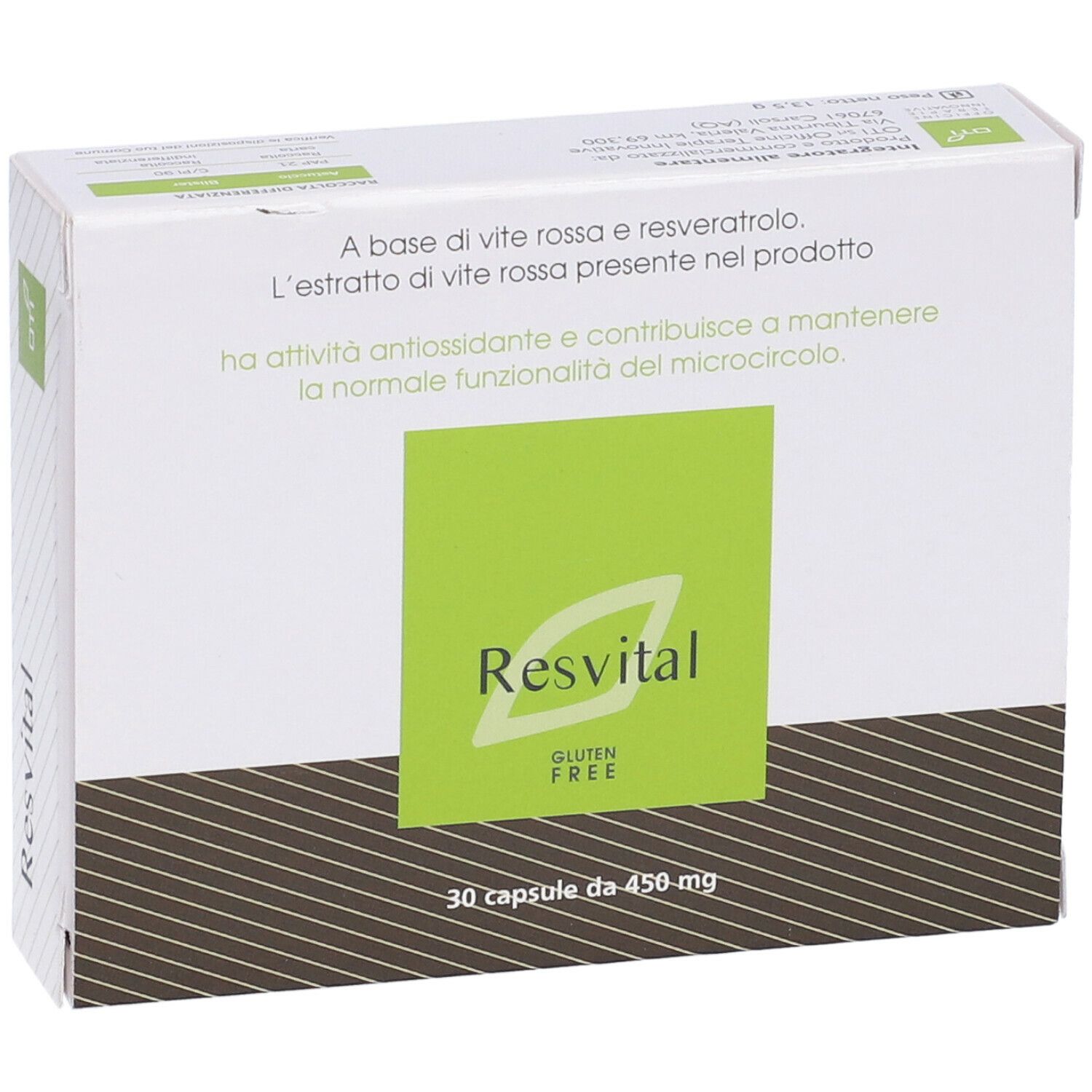 Scatola "Resvital". Design verde e bianco. Logo "Senza glutine". 30 capsule.