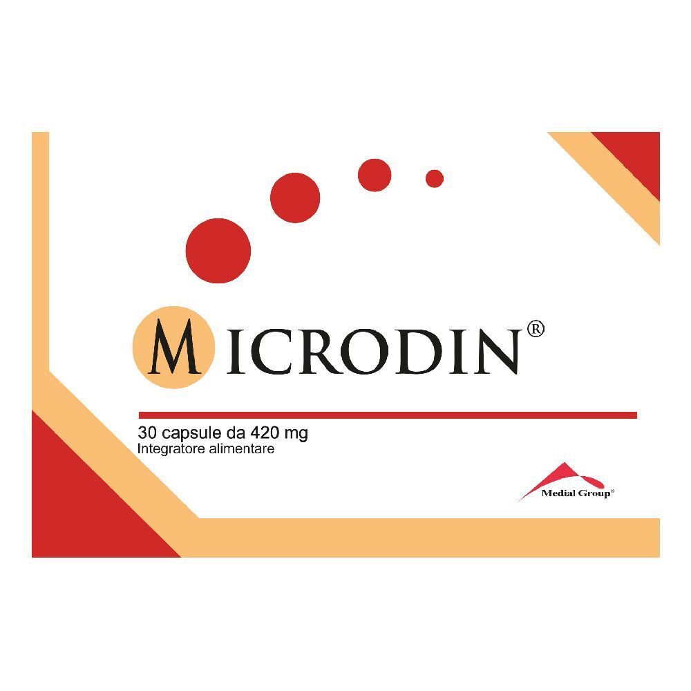 Confezione con grafica rossa e beige. Scritta Microdin, 30 capsule, 420 mg. Logo Medial Group.