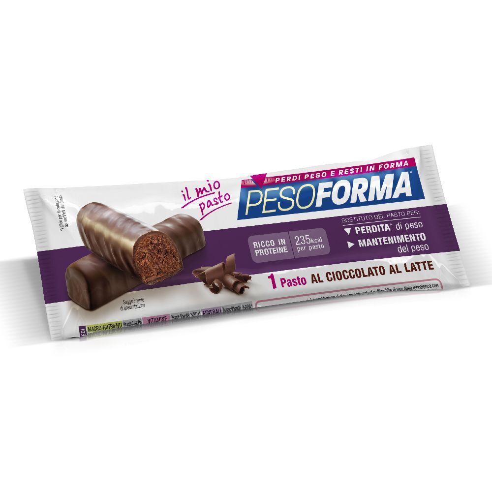 Confezione Pesoforma. Barrette al cioccolato, taglio mostra l'interno. Testo: 'il mio pasto', '1 pasto al cioccolato al latte'.