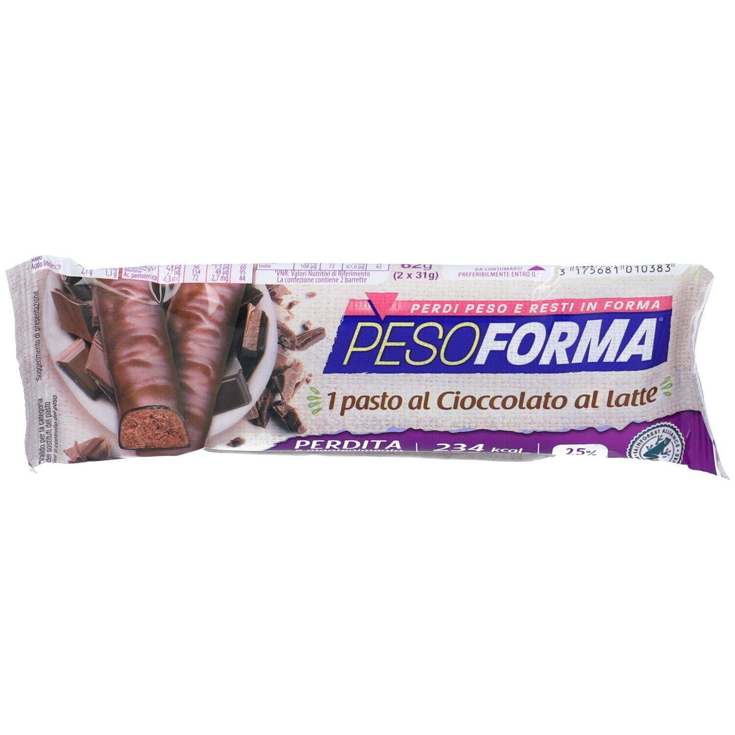 Confezione barretta Pesoforma. Due barrette al cioccolato. Testo: '1 pasto al Cioccolato al latte', 'PERDITA'.