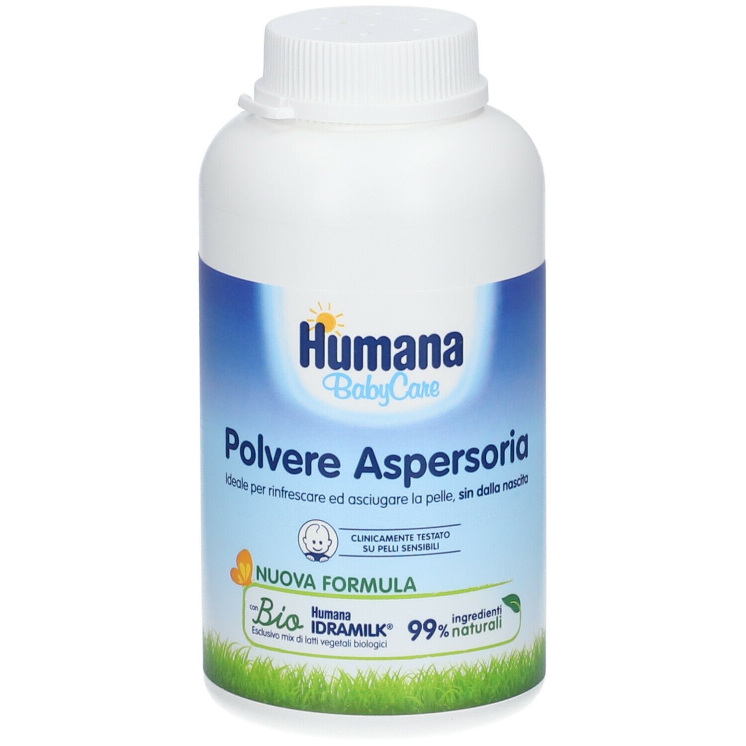 Humana Babypuder Aspergeria. Flacone bianco con etichetta blu. Scritto: Polvere Aspersoria. Formula bio, 99% naturale.