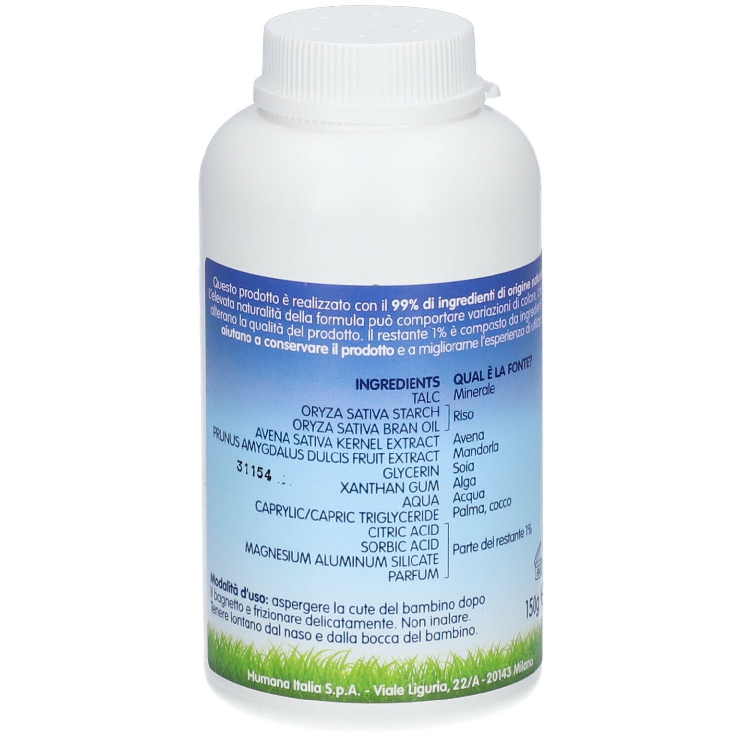 Humana Babypuder Aspergeria. Retro del flacone. Elenco ingredienti e istruzioni per l'uso. 150g.
