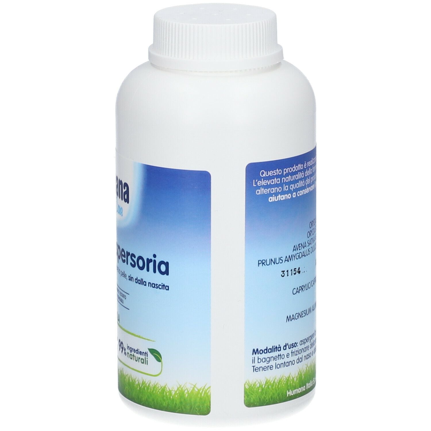 Humana Babypuder Aspergeria. Flacone bianco con etichetta blu. Scritto: Polvere Aspersoria. Formula bio, 99% naturale.